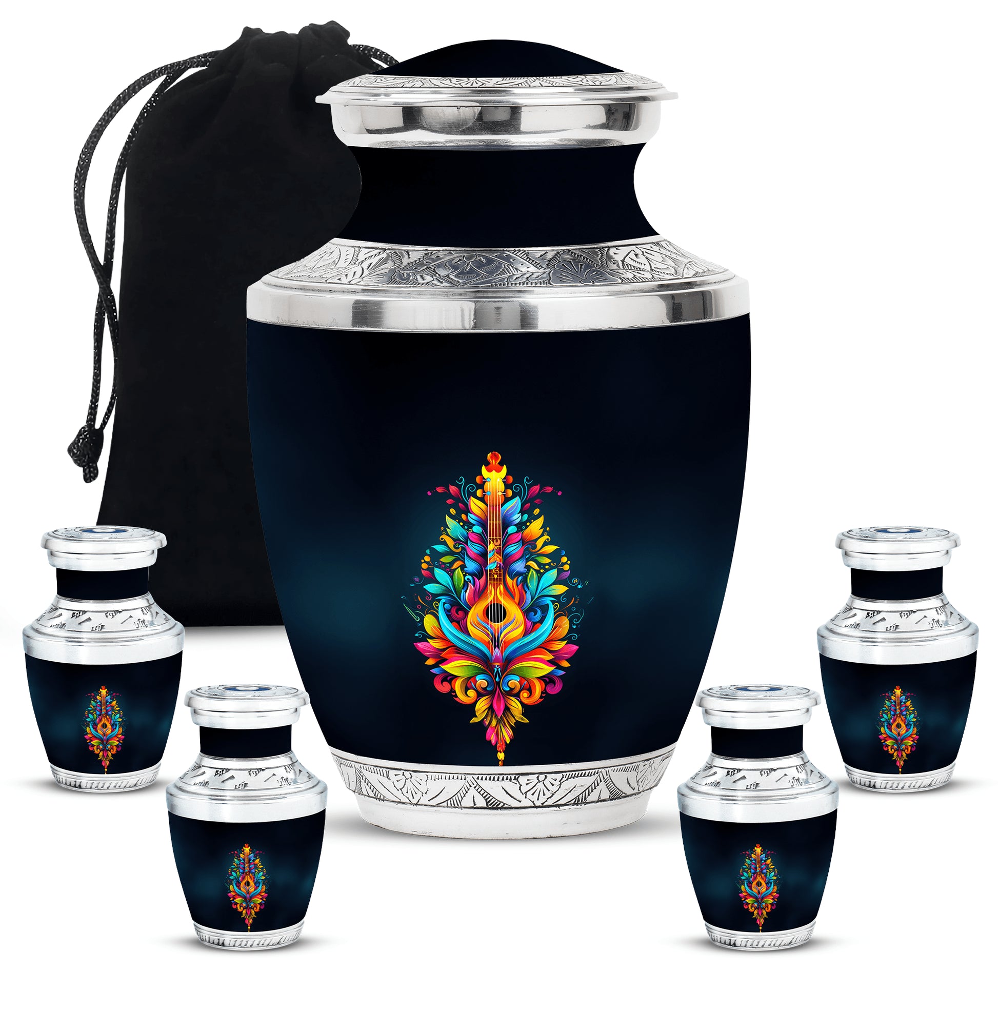 Guitar Theme Large Urn With 4 Keepsake Urn
