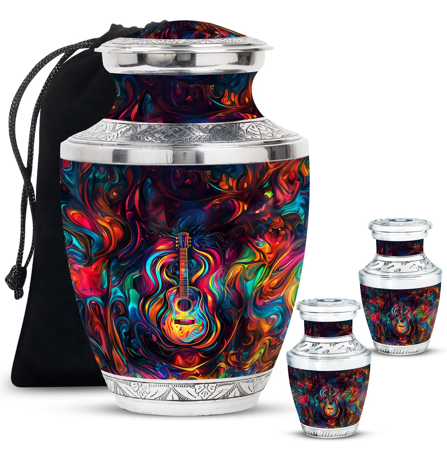 Guitar Theme Large Urn With 2 Keepsake Urn