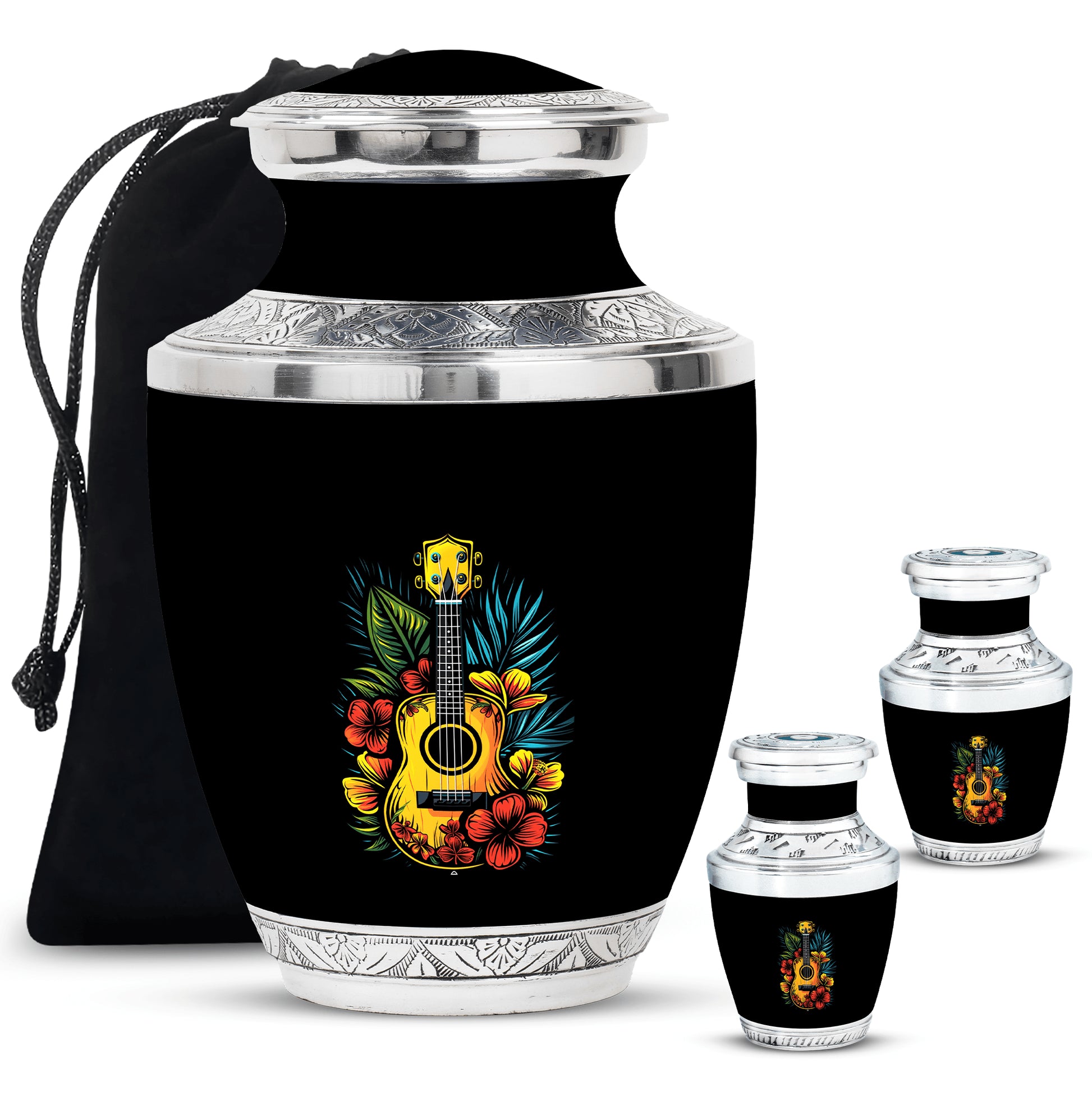 Guitar Theme Large Urn With 2 Keepsake Urn