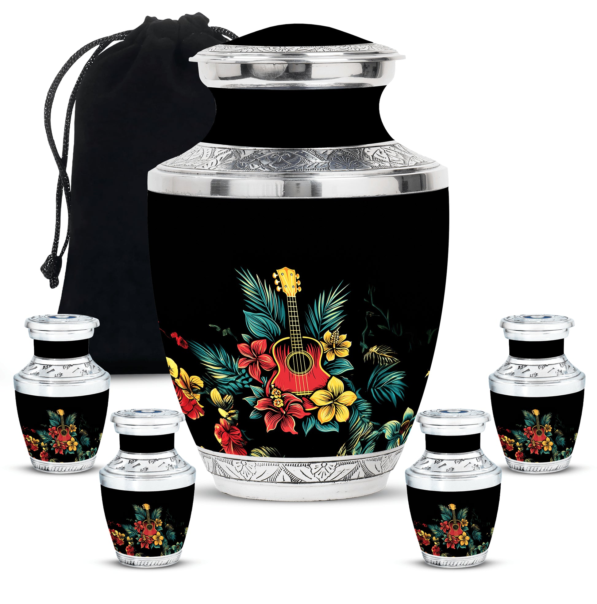 Guitar Theme Large Urn With 4 Keepsake Urn