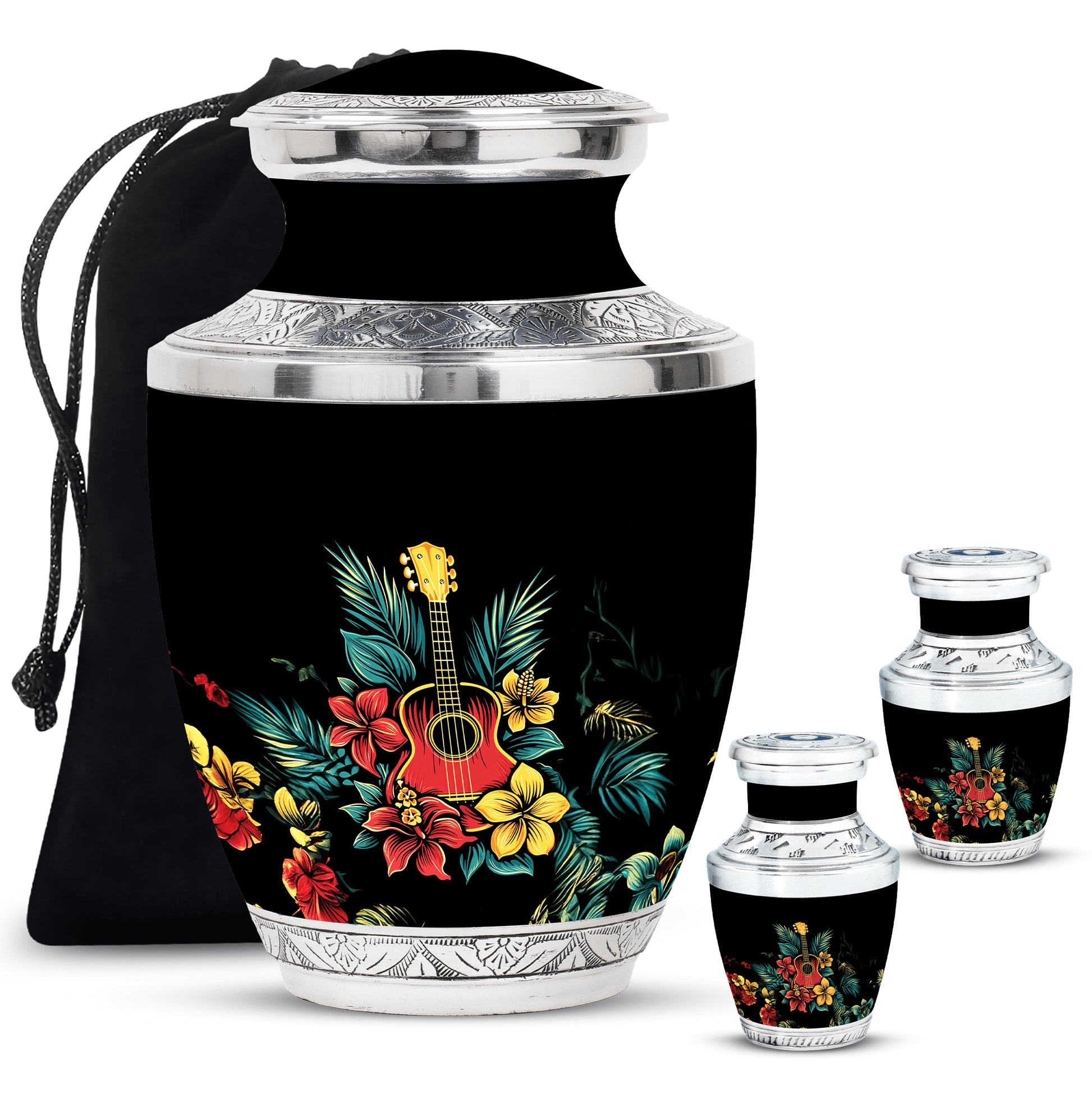 Guitar Theme Large Urn With 2 Keepsake Urn