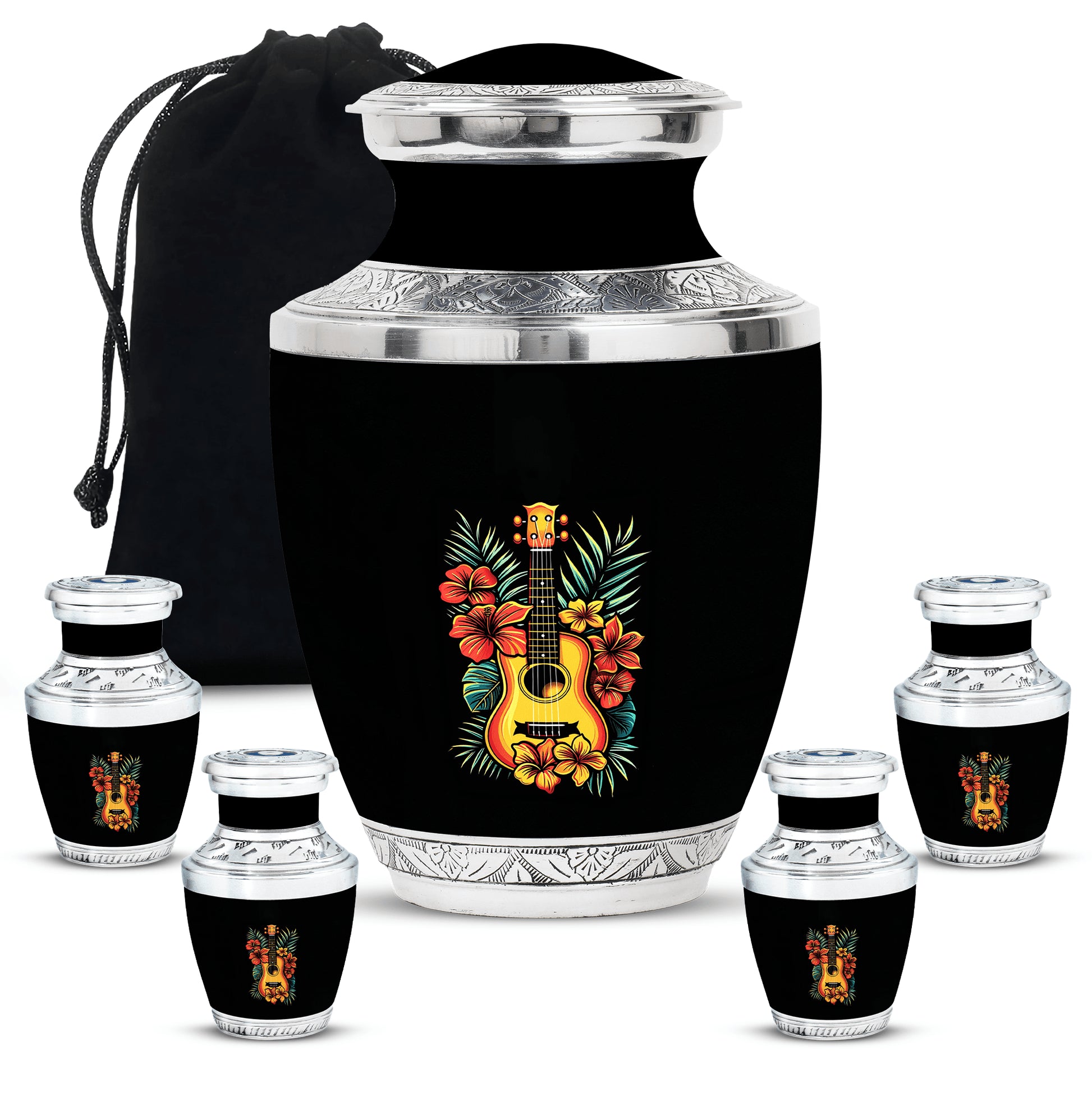 Guitar Theme Large Urn With 4 Keepsake Urn