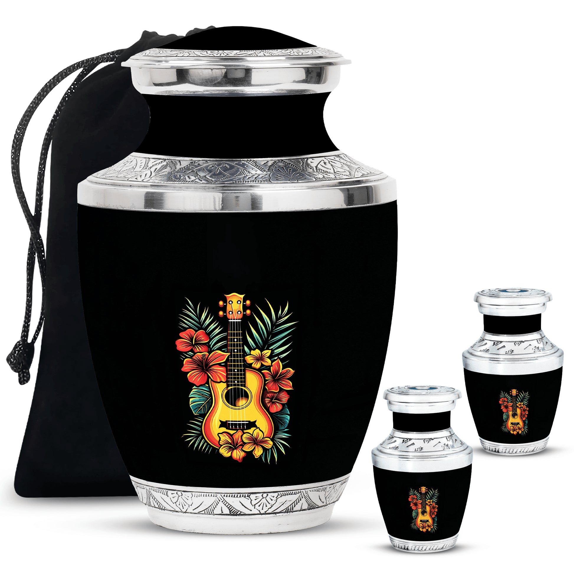 Guitar Theme Large Urn With 2 Keepsake Urn