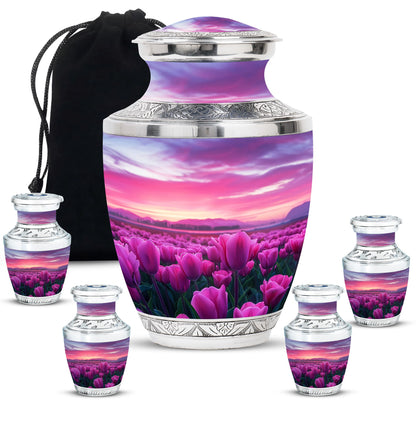 Tulips Theme Large Urn With 4 Keepsake Urn