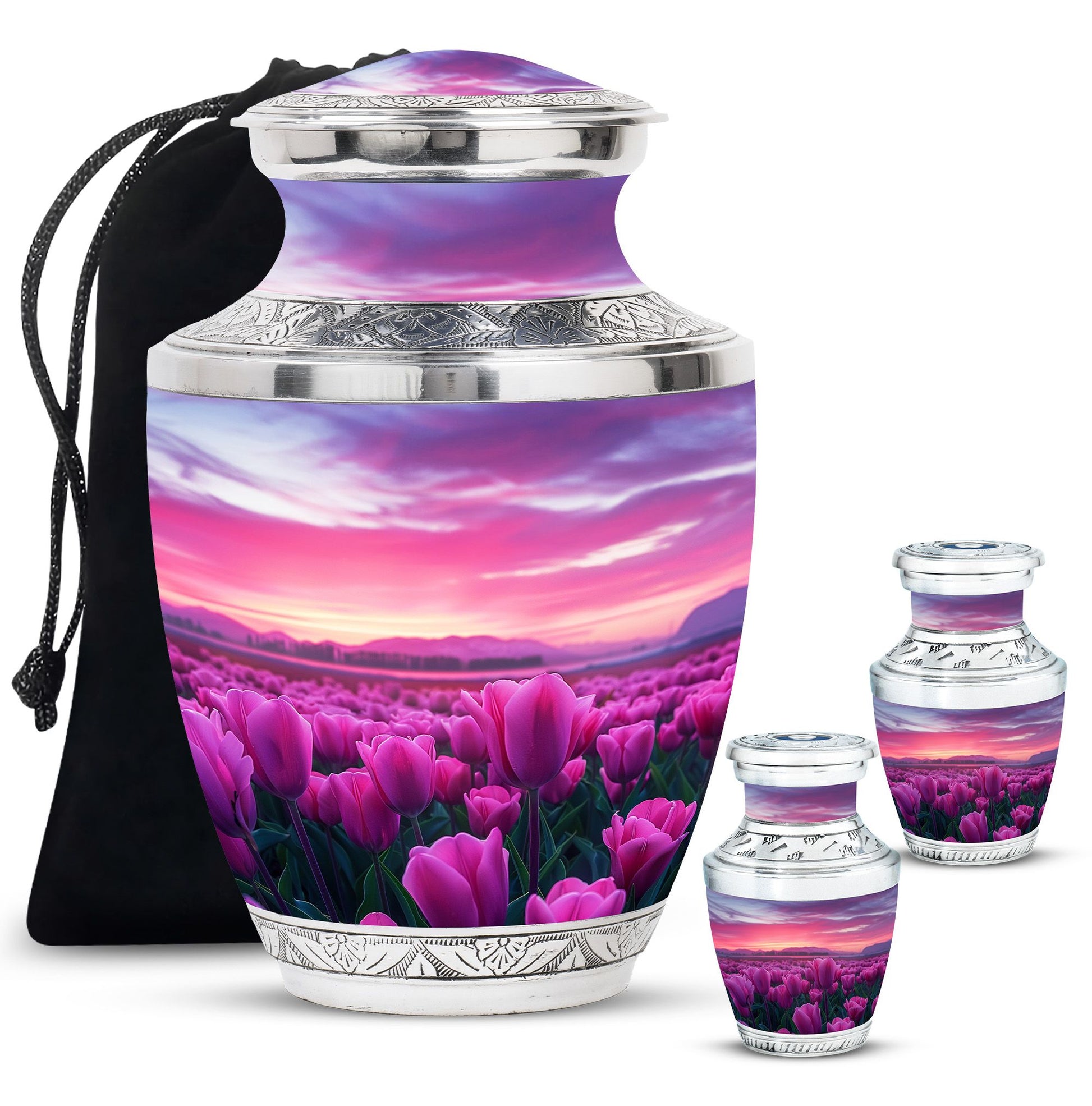 Tulips Theme Large Urn With 2 Keepsake Urn