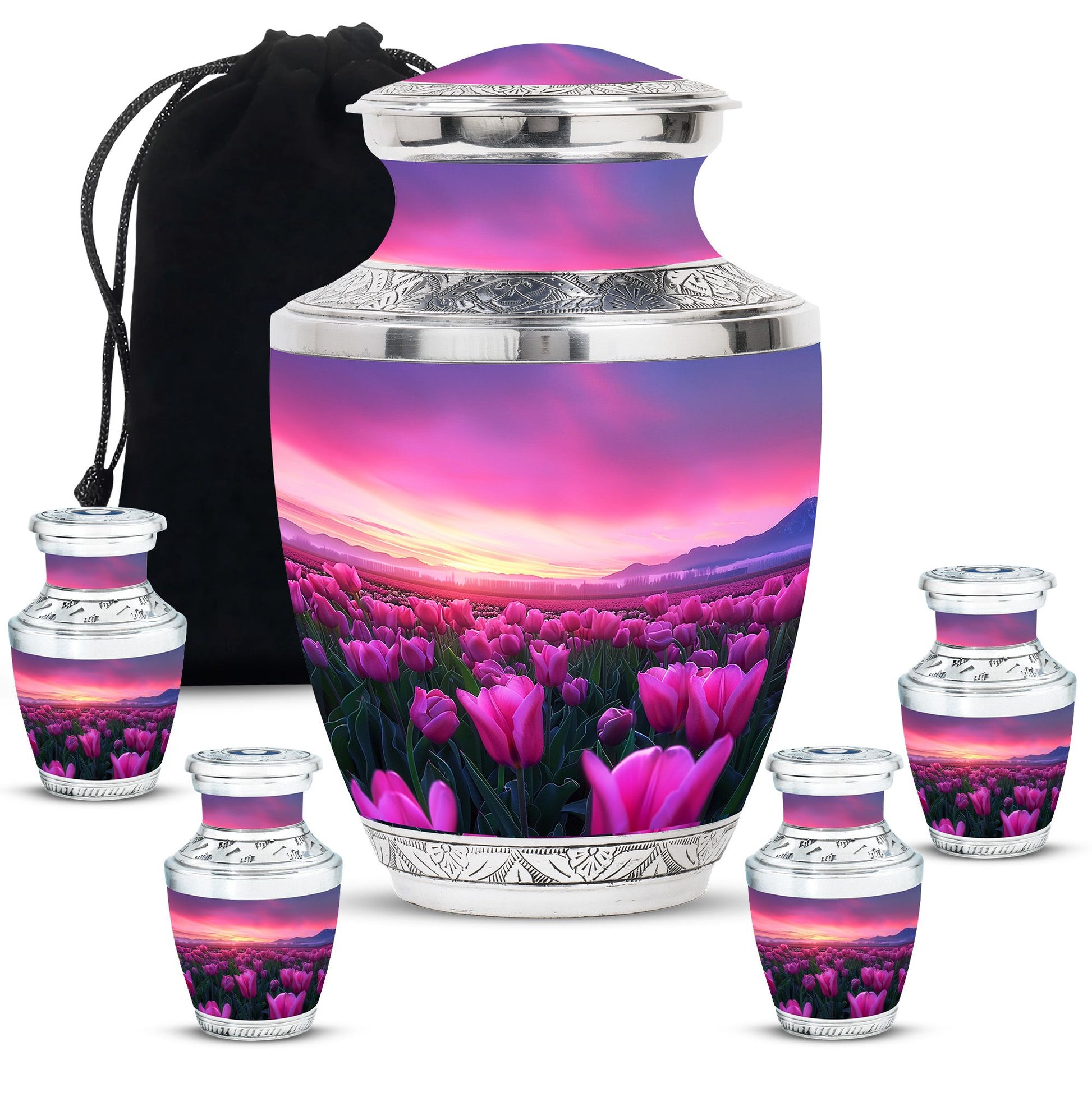 Tulips Theme Large Urn With 4 Keepsake Urn