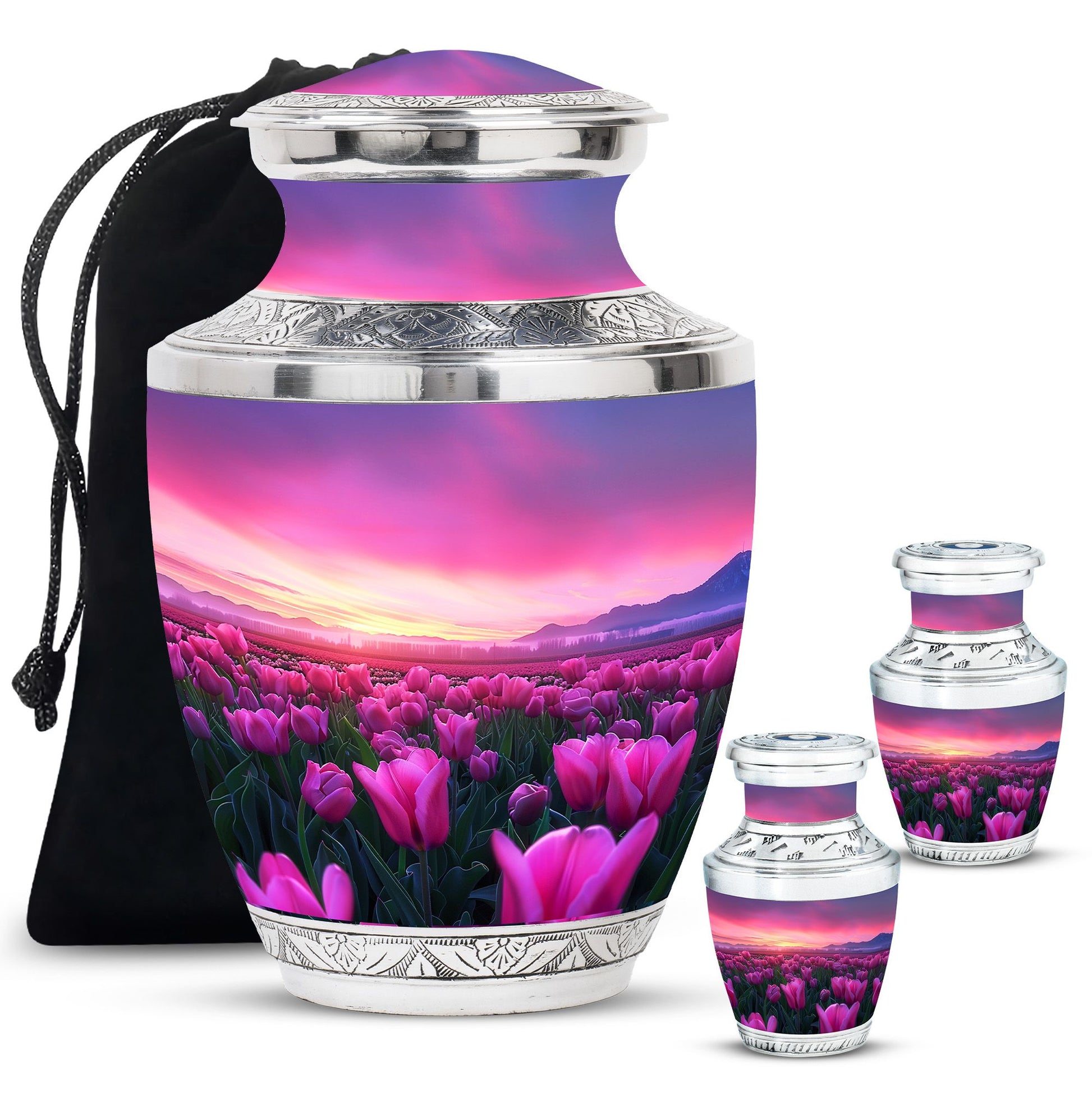 Tulips Theme Large Urn With 2 Keepsake Urn
