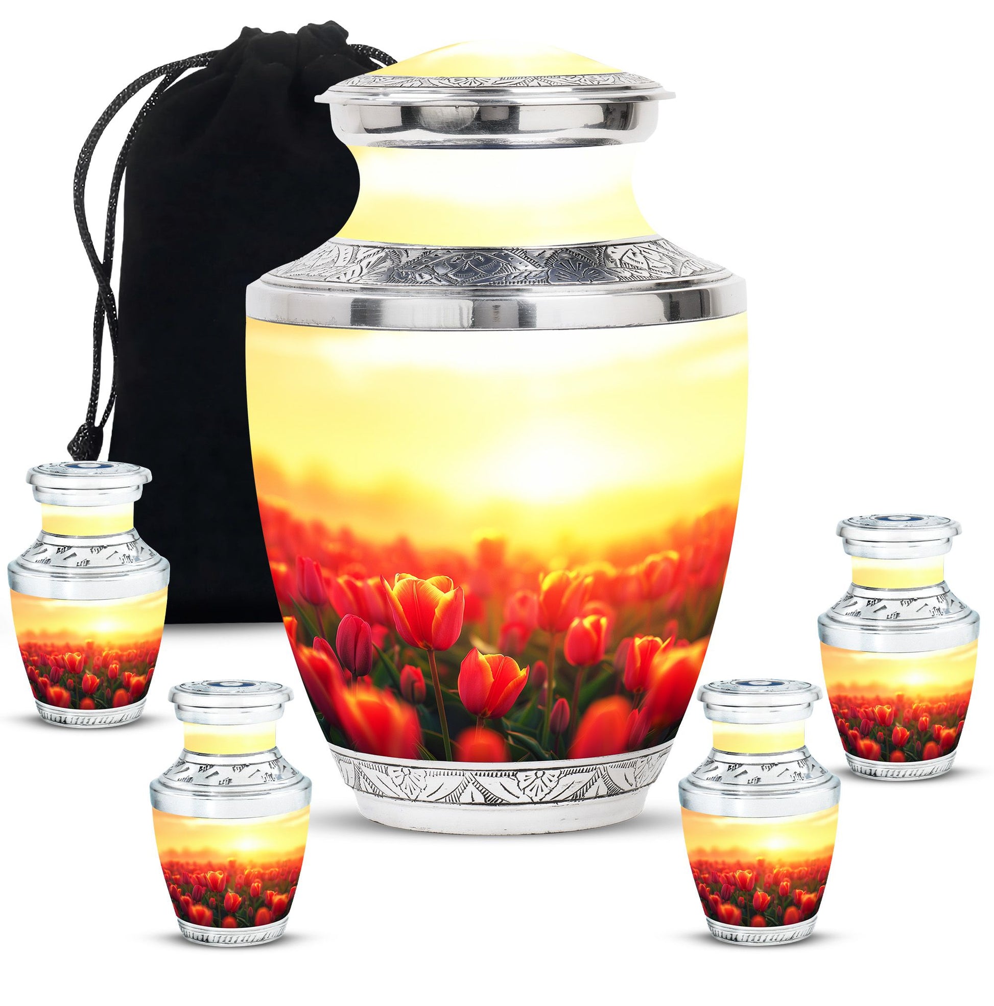 Tulips Theme Large Urn With 4 Keepsake Urn