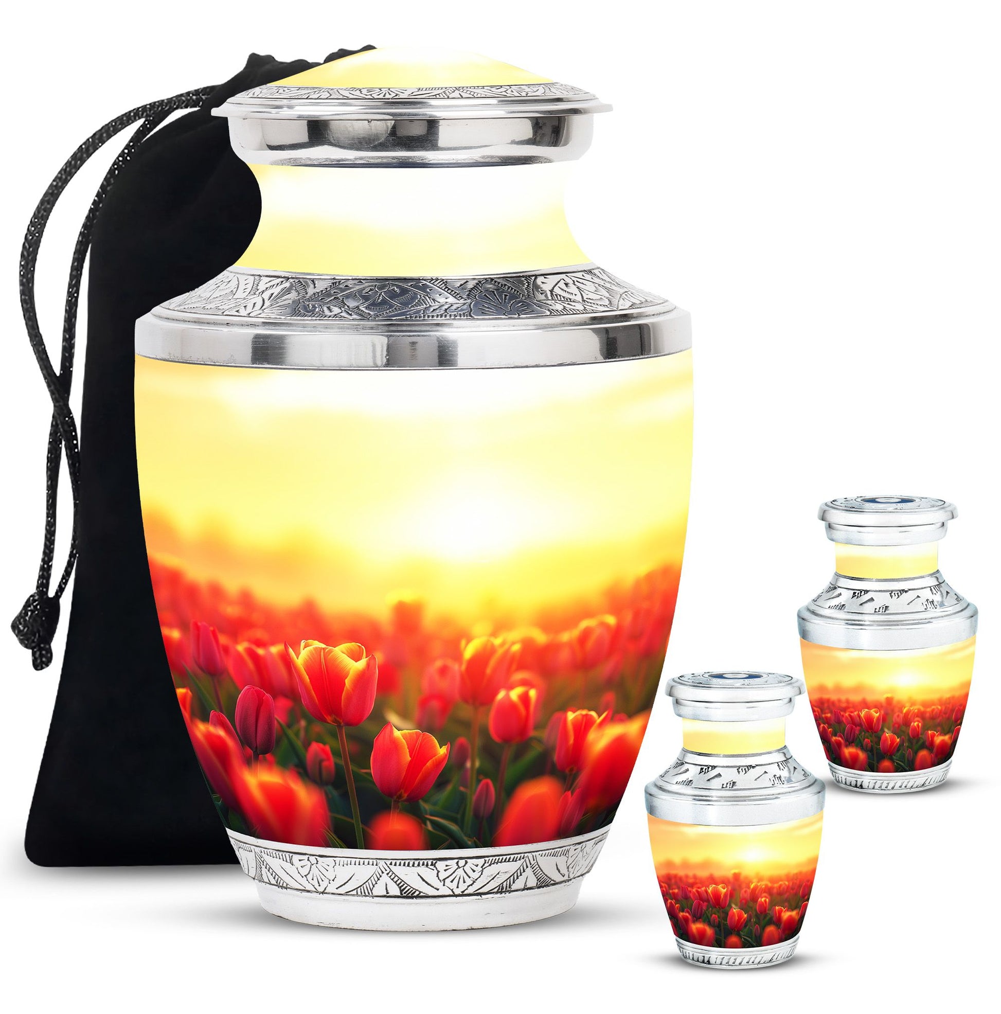 Tulips Theme Large Urn With 2 Keepsake Urn