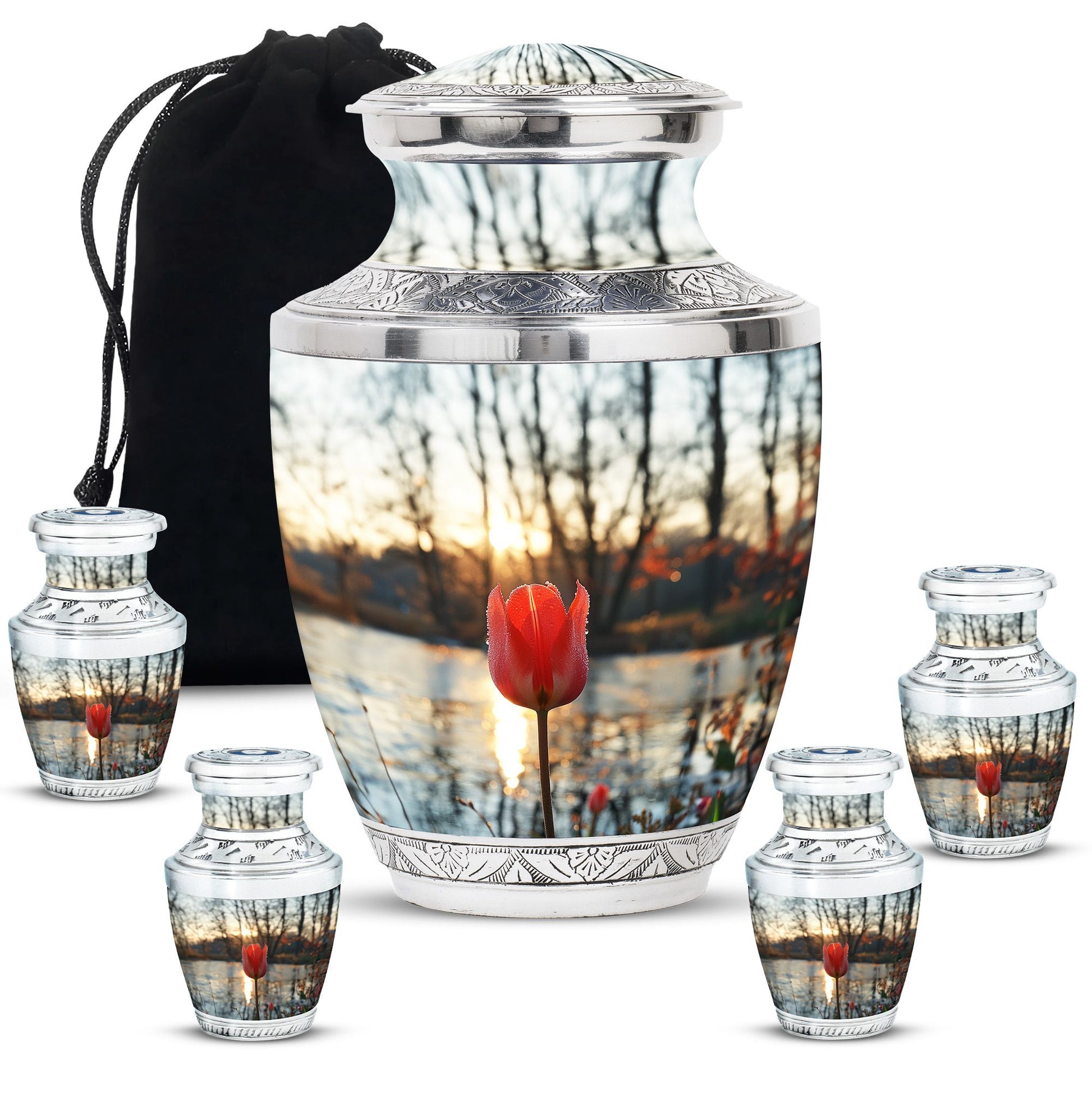 Tulips Theme Large Urn With 4 Keepsake Urn