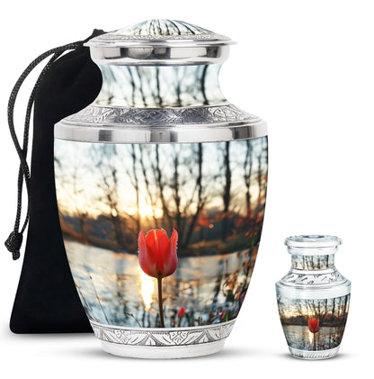 Tulips Theme Large Urn With 1 Keepsake Urn