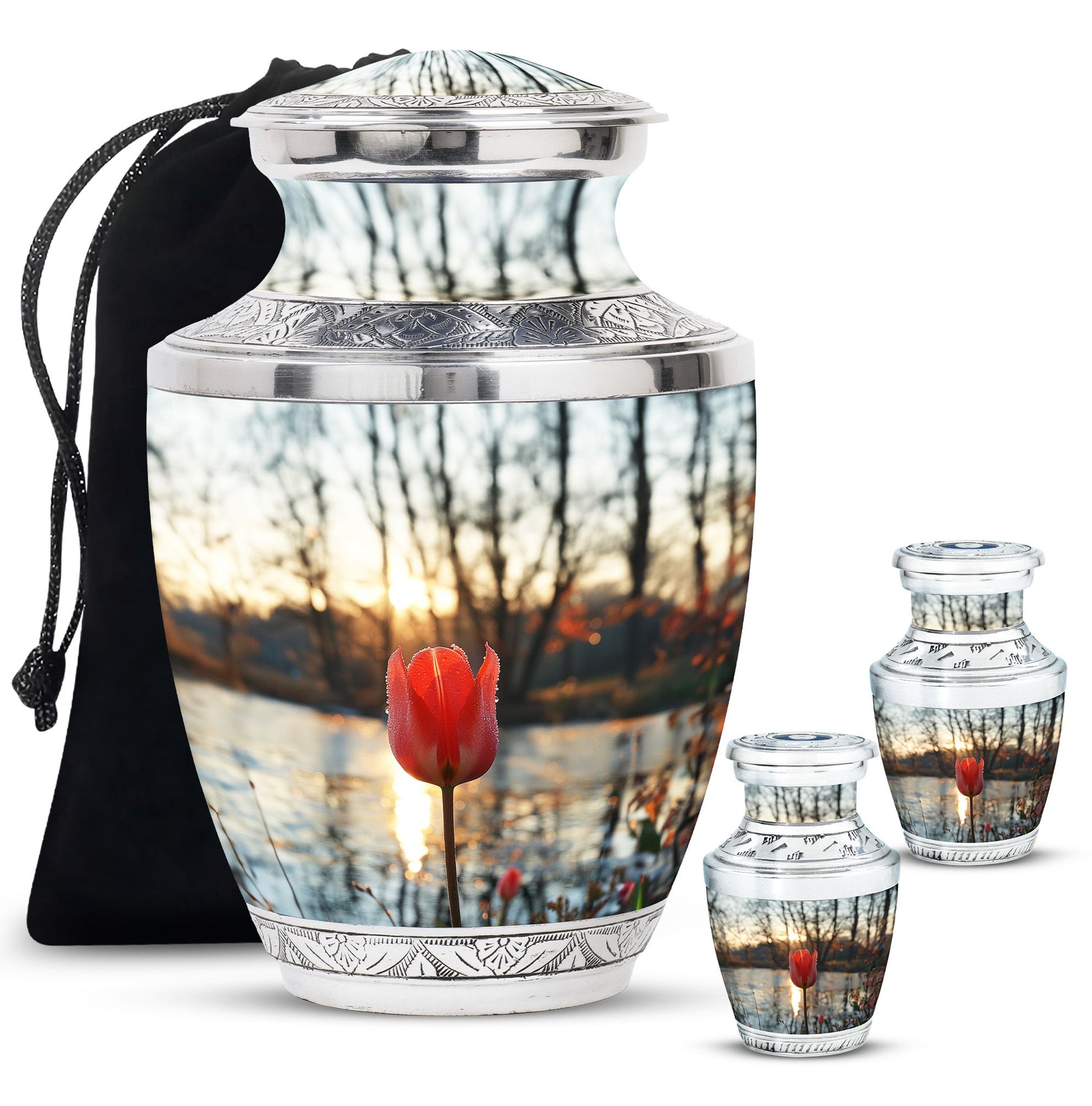 Tulips Theme Large Urn With 2 Keepsake Urn