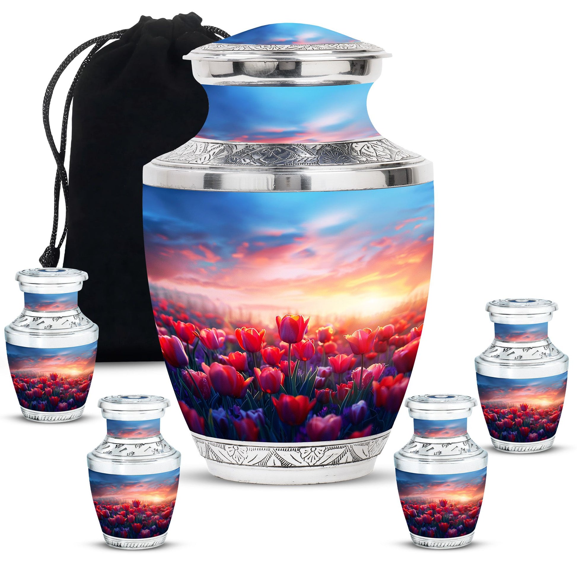 Tulips Theme Large Urn With 4 Keepsake Urn