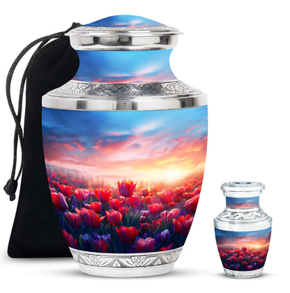 Tulips Theme Large Urn With 1 Keepsake Urn