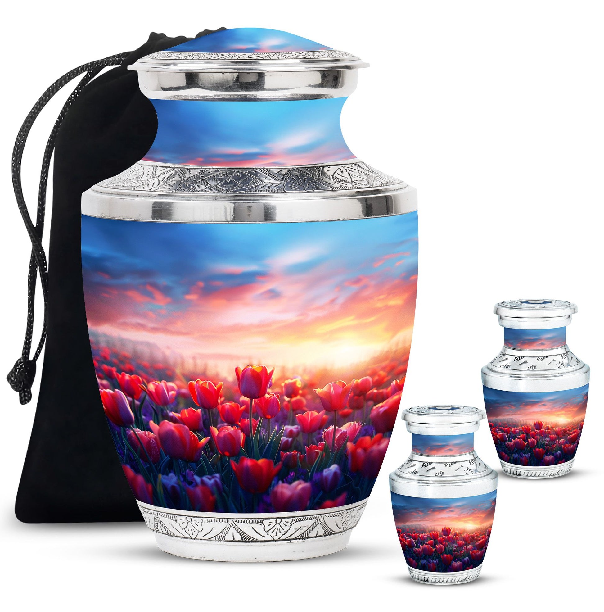 Tulips Theme Large Urn With 2 Keepsake Urn