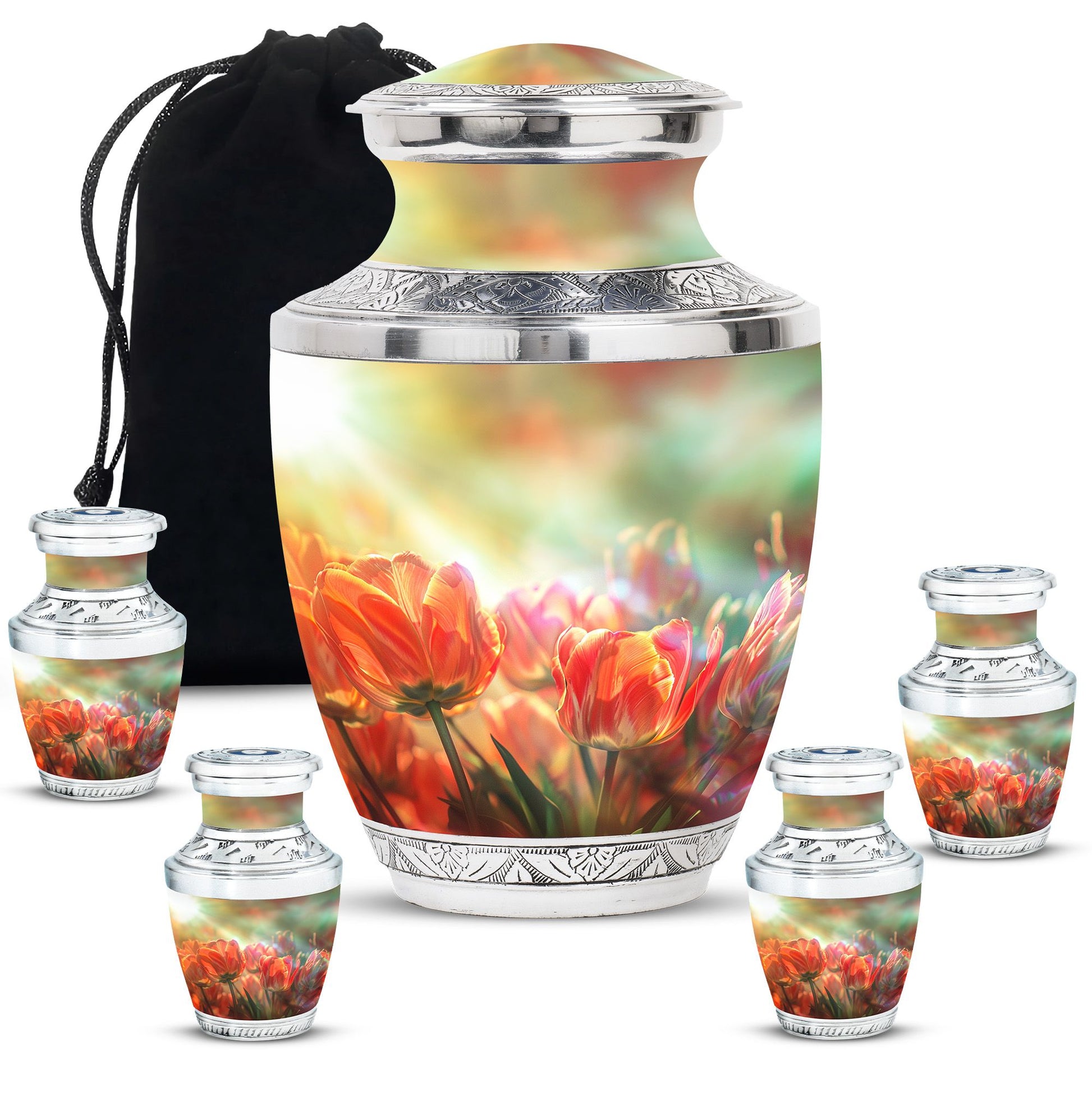 Tulips Theme Large Urn With 4 Keepsake Urn