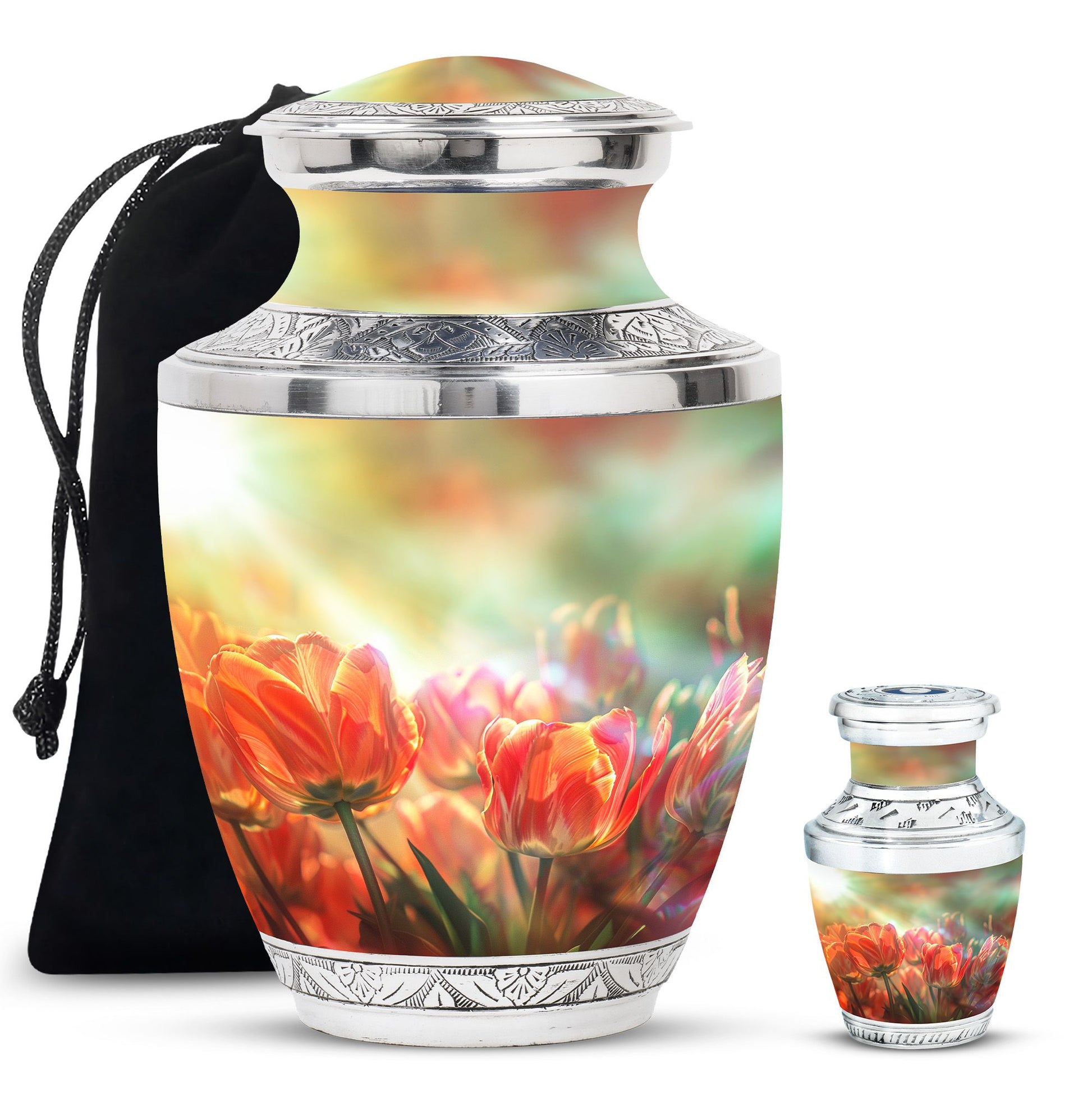 Tulips Theme Large Urn With 1 Keepsake Urn