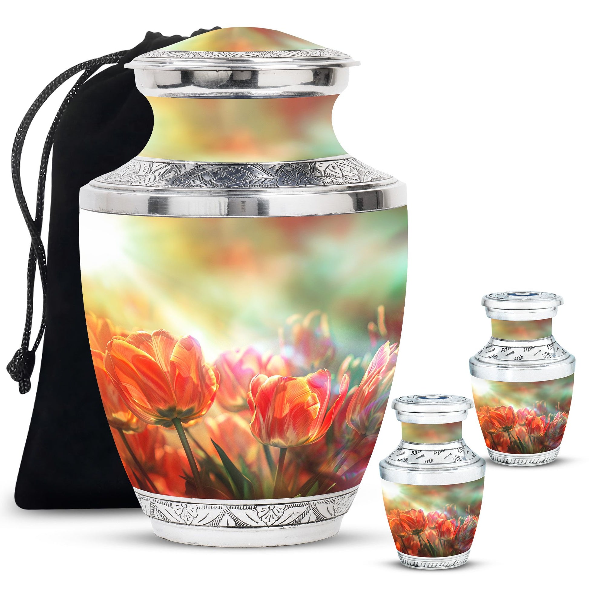 Tulips Theme Large Urn With 2 Keepsake Urn