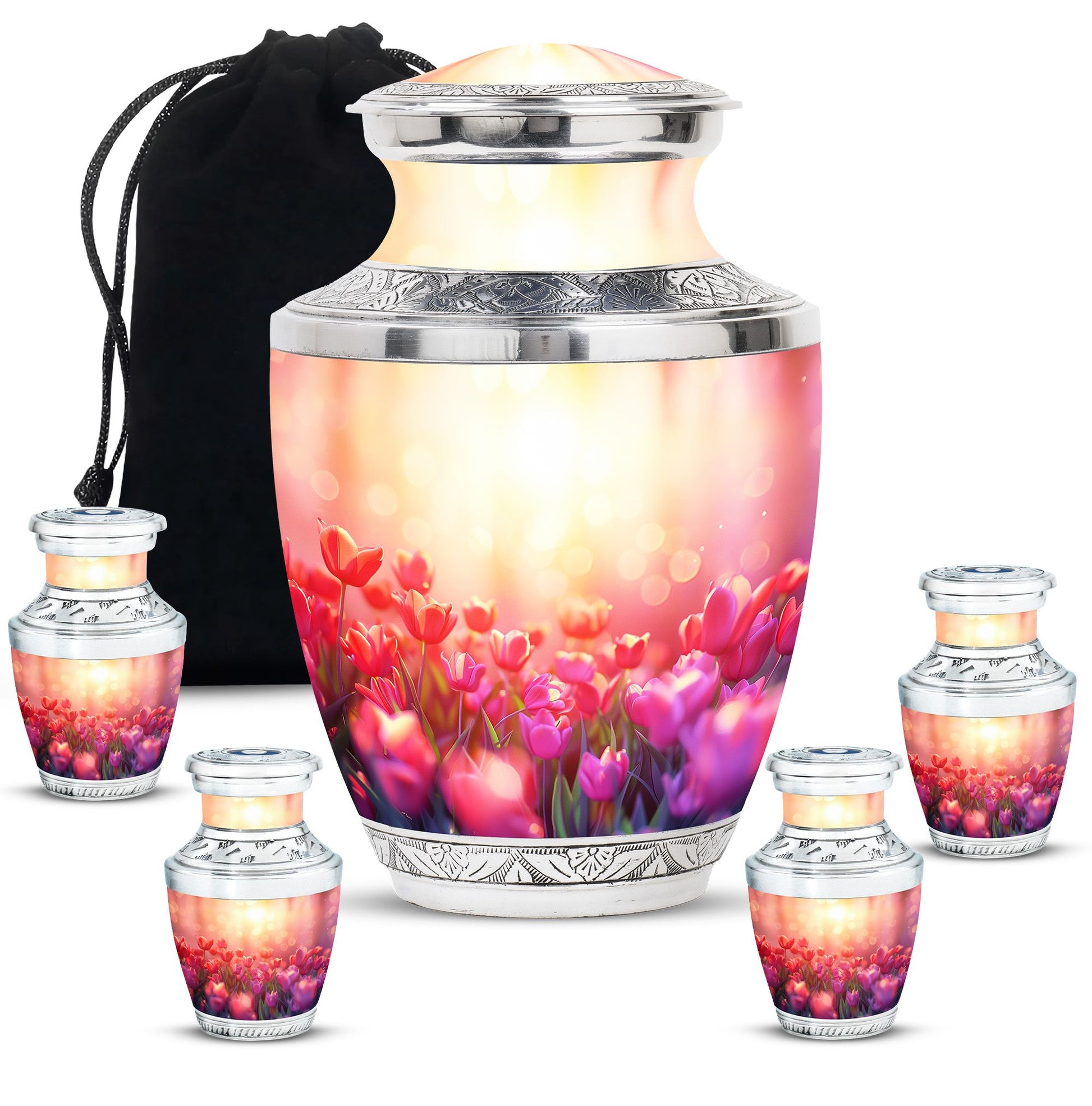 Tulips Theme Large Urn With 4 Keepsake Urn