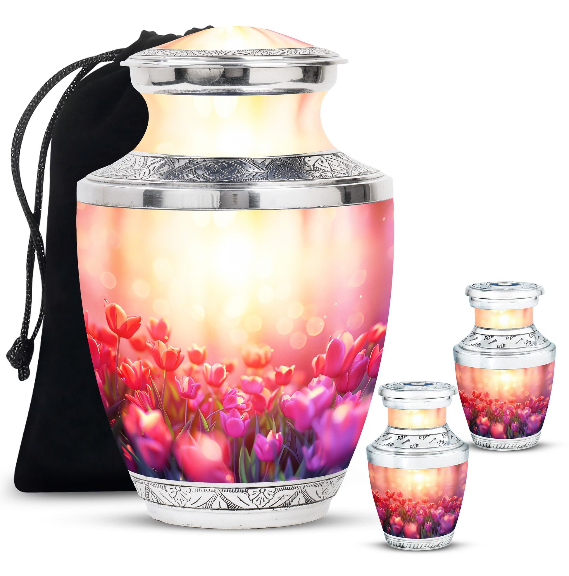 Tulips Theme Large Urn With 2 Keepsake Urn
