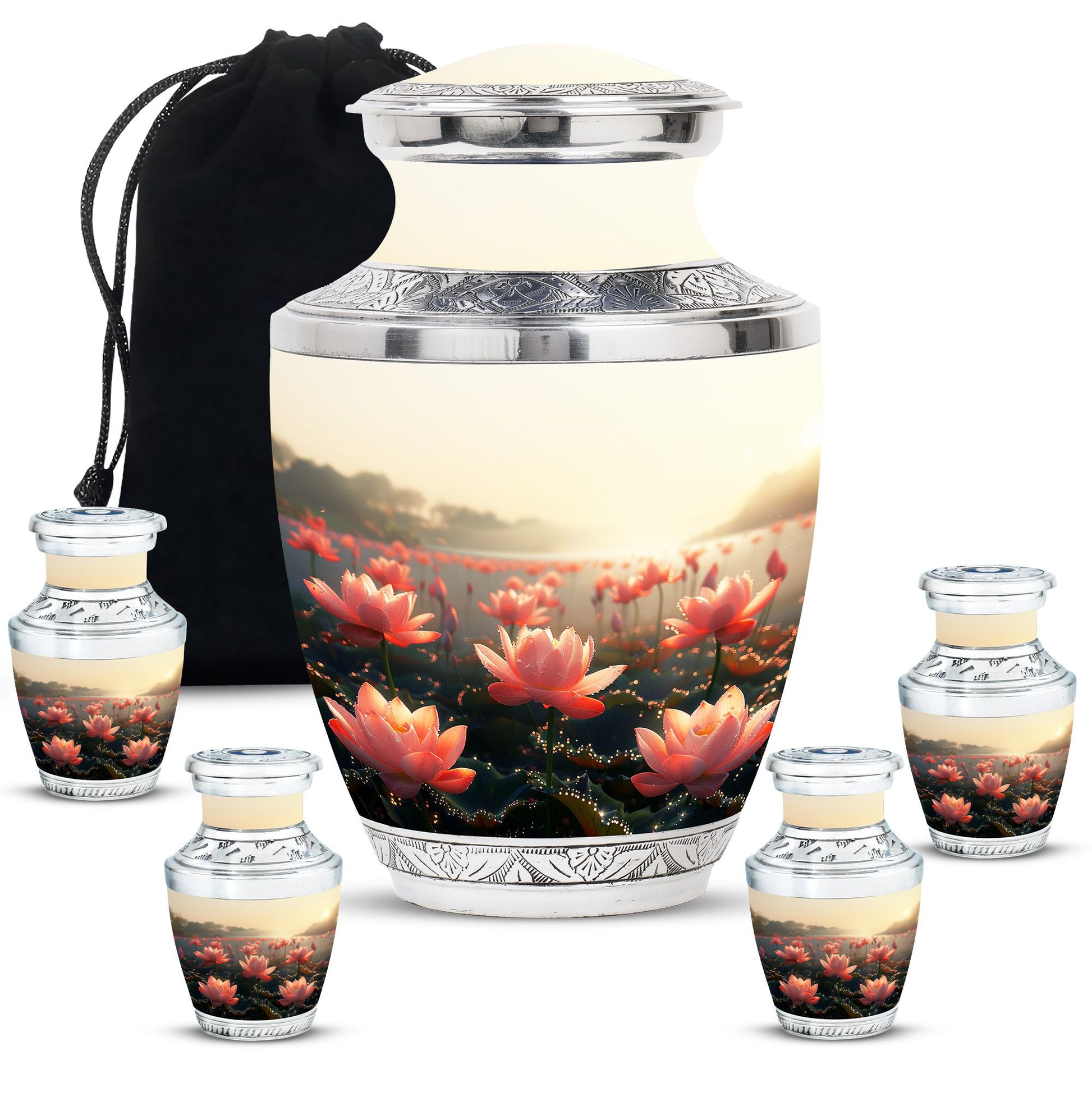 Lotus Theme Large Urn With 4 Keepsake Urn