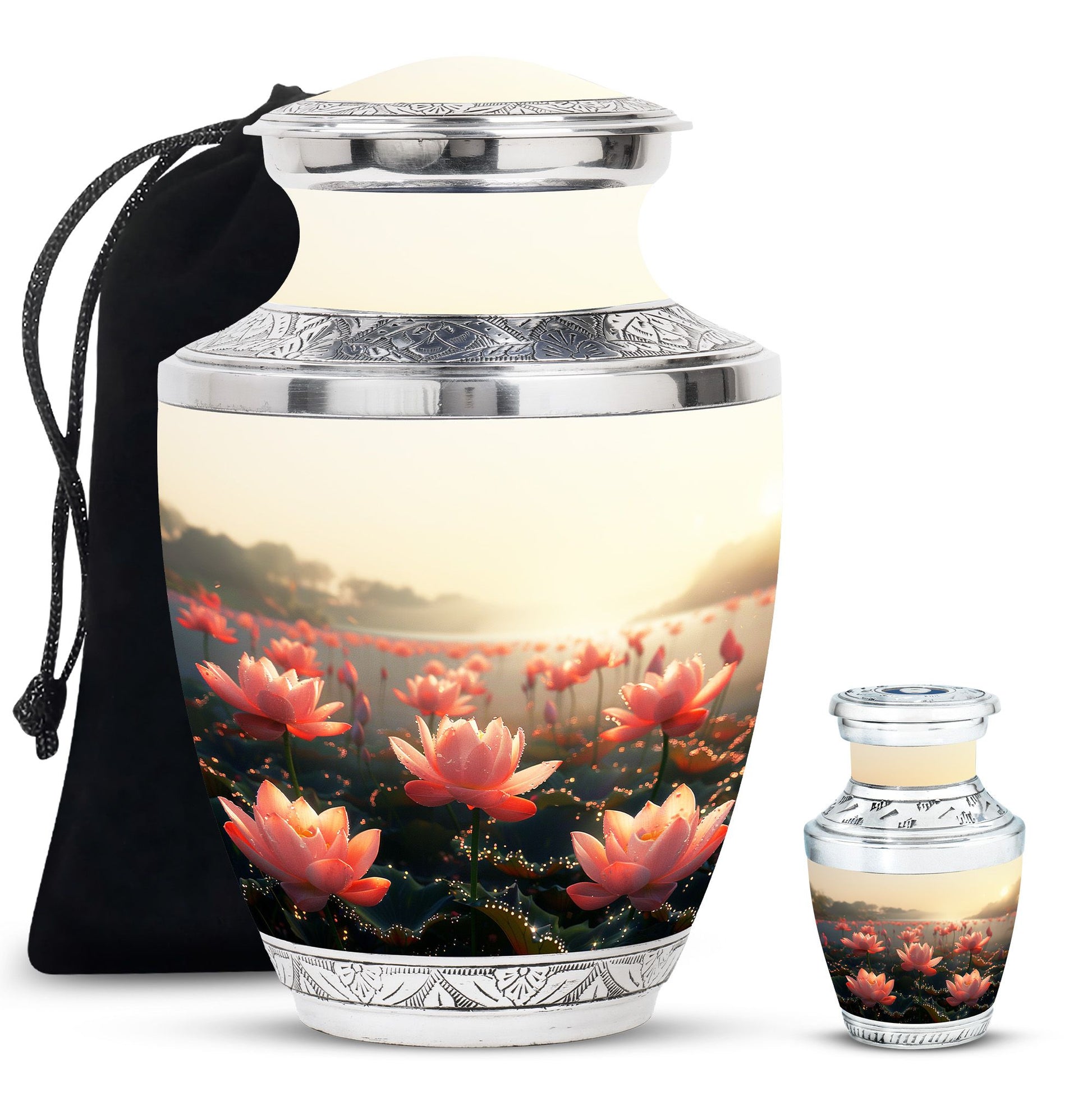 Lotus Theme Large Urn With 1 Keepsake Urn