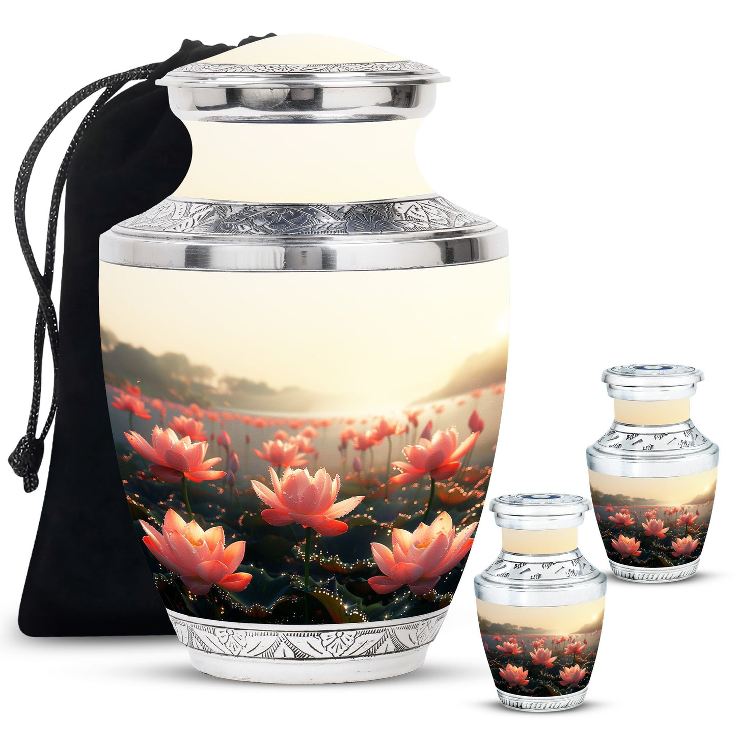 Lotus Theme Large Urn With 2 Keepsake Urn