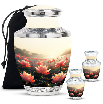 Lotus Theme Large Urn With 2 Keepsake Urn