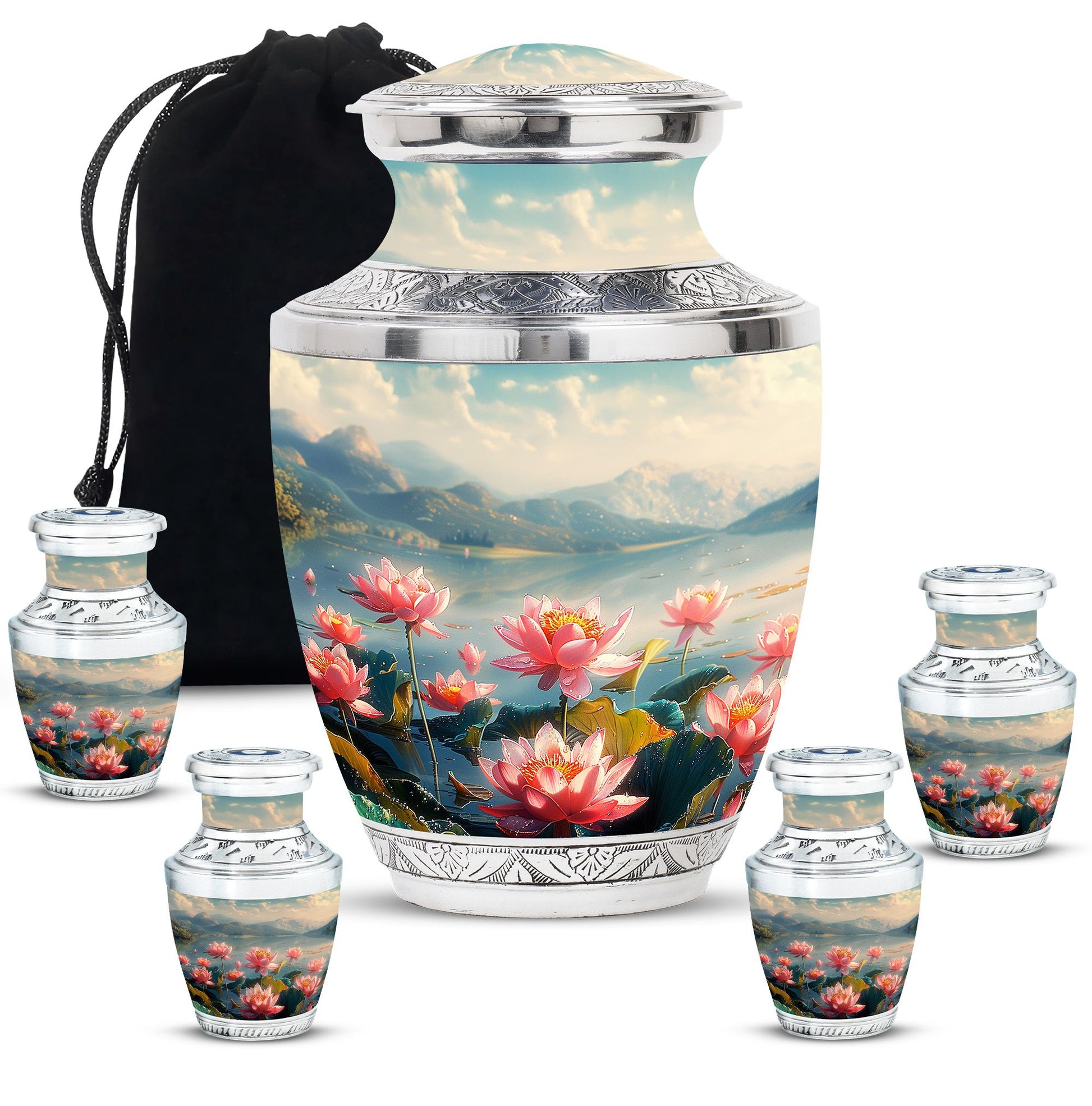 Lotus Theme Large Urn With 4 Keepsake Urn
