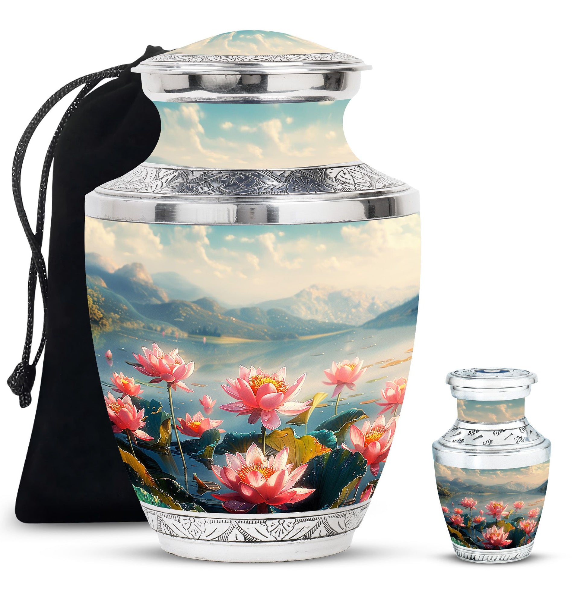 Lotus Theme Large Urn With 1 Keepsake Urn