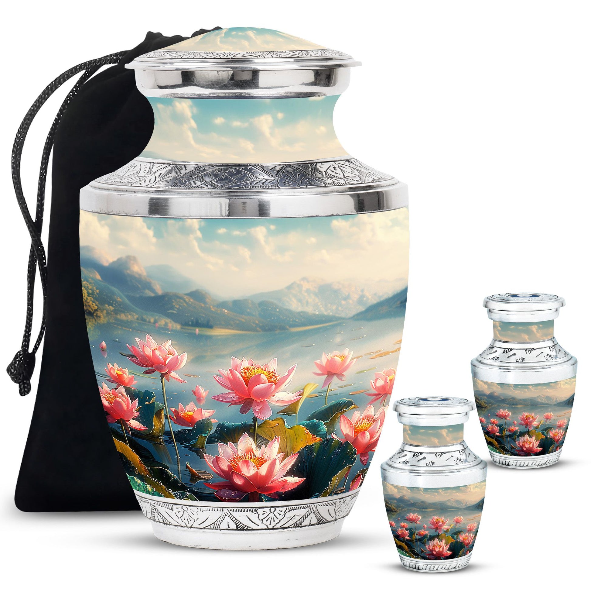 Lotus Theme Large Urn With 2 Keepsake Urn