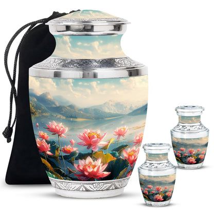 Lotus Theme Large Urn With 2 Keepsake Urn