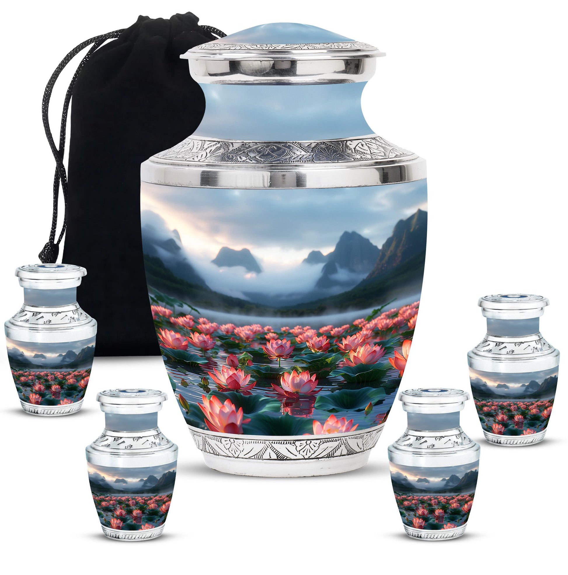 Lotus Theme Large Urn With 4 Keepsake Urn
