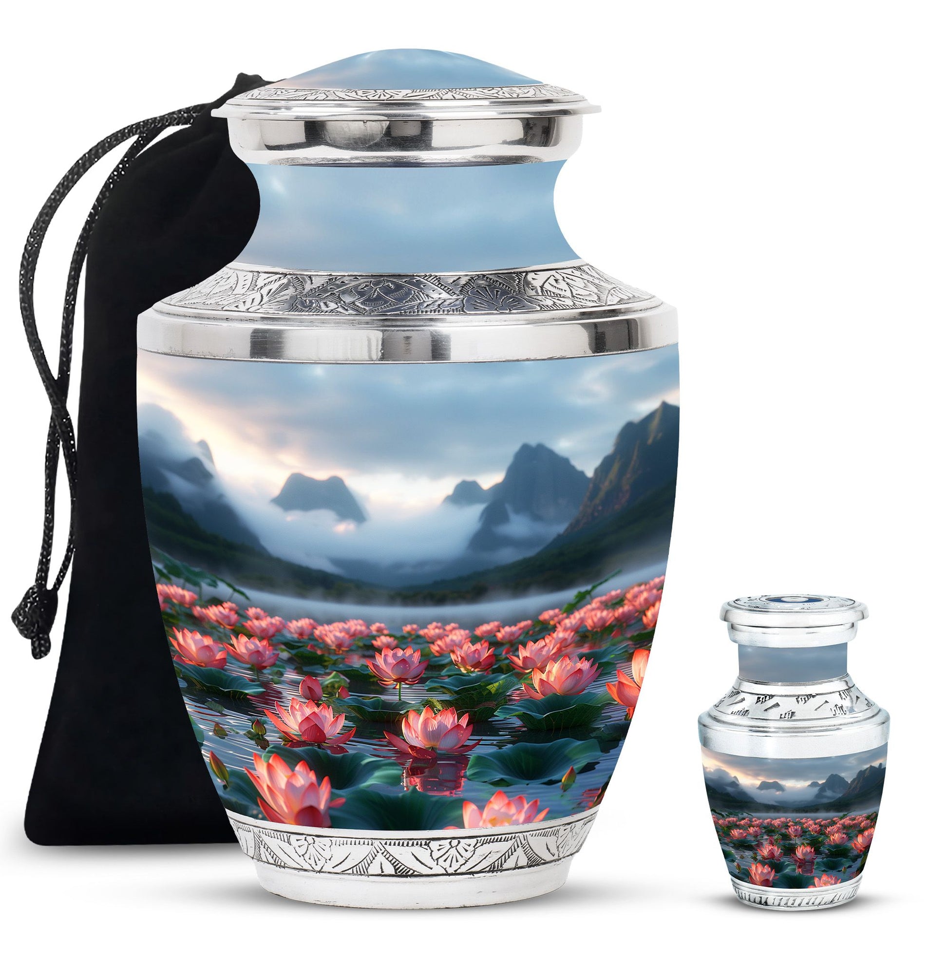 Lotus Theme Large Urn With 1 Keepsake Urn
