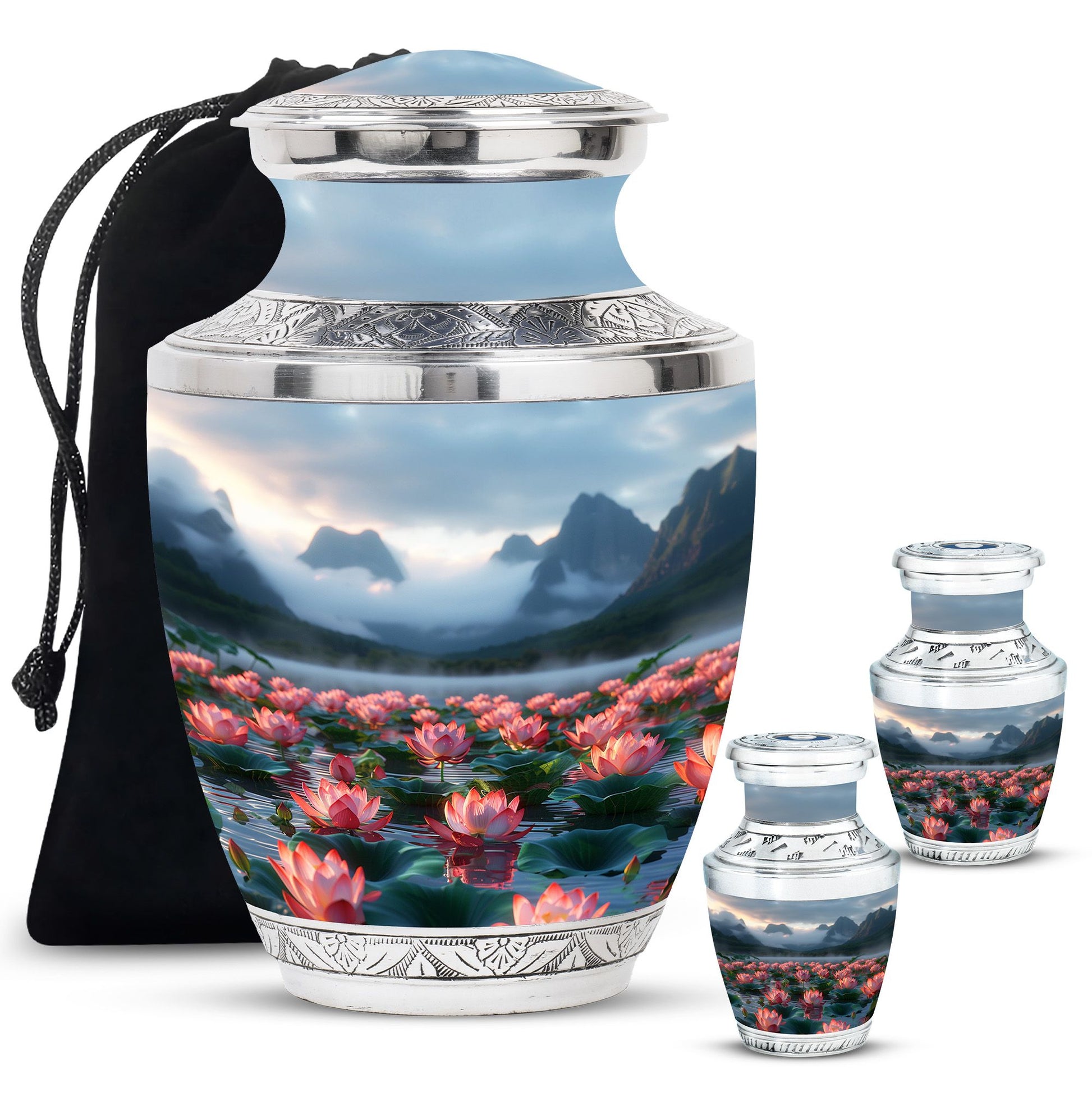 Lotus Theme Large Urn With 2 Keepsake Urn