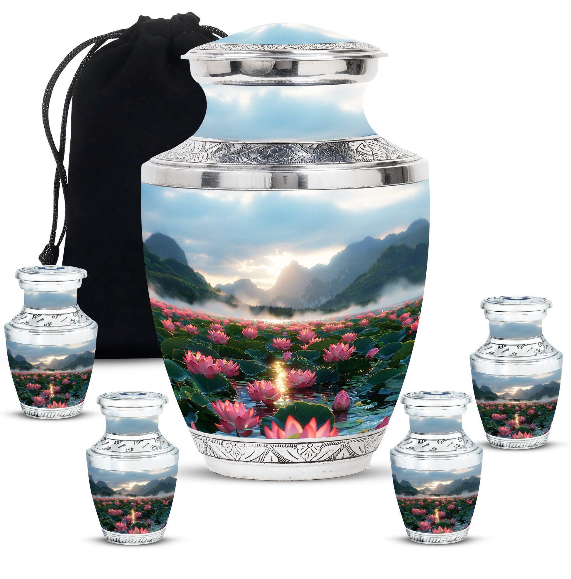 Lotus Theme Large Urn With 4 Keepsake Urn