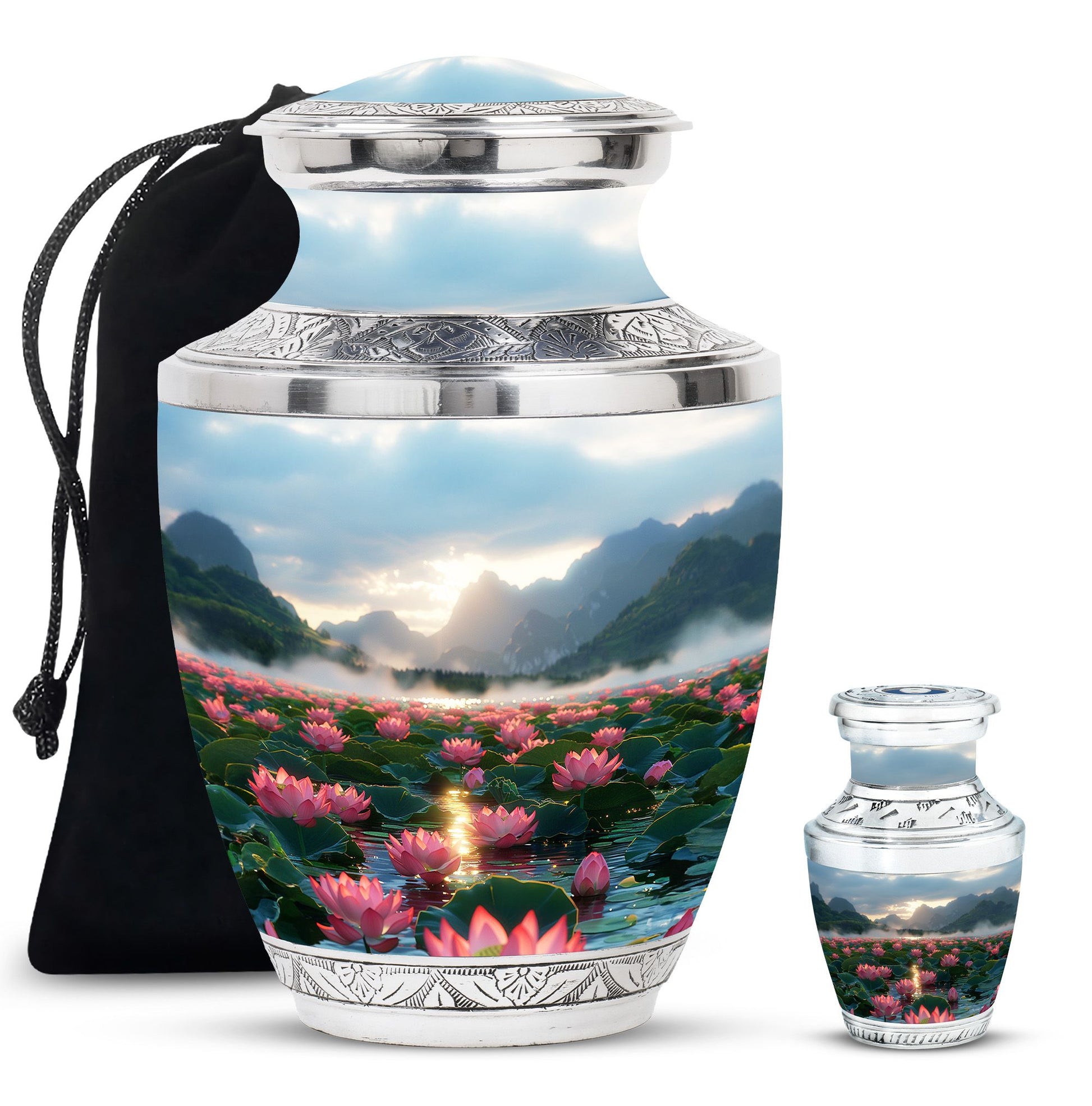 Lotus Theme Large Urn With 1 Keepsake Urn