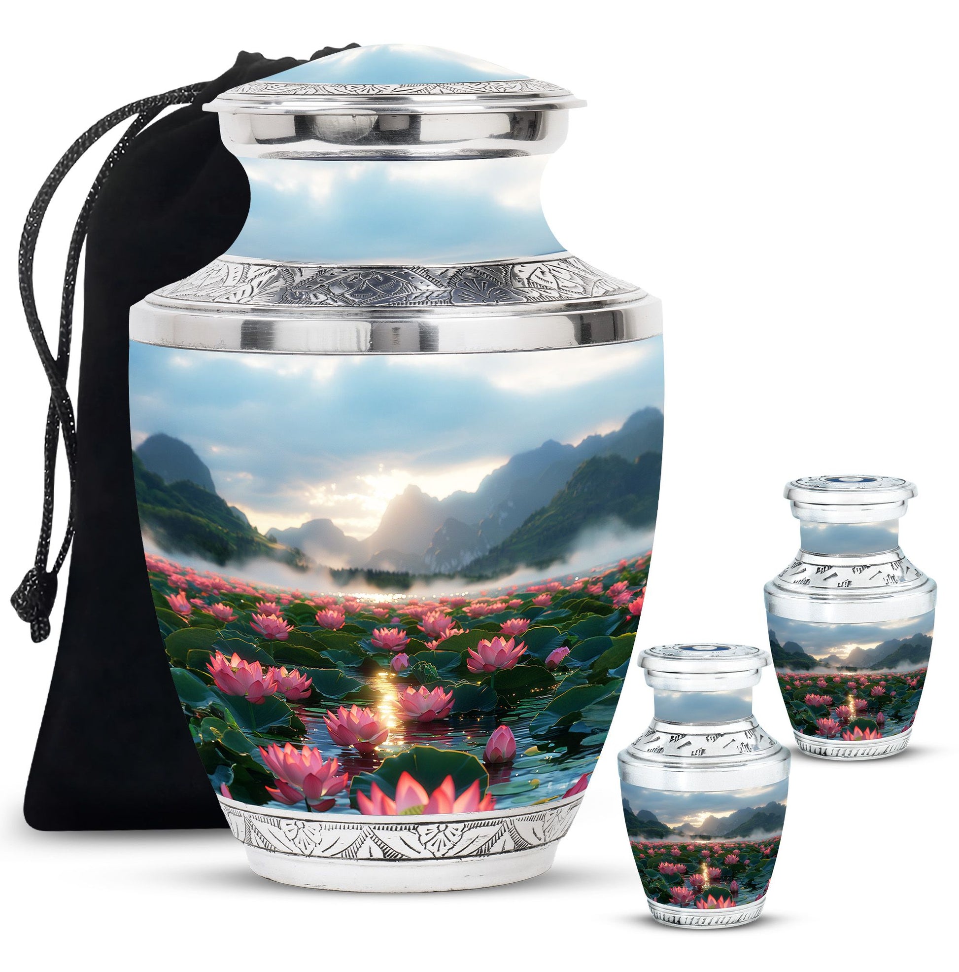 Lotus Theme Large Urn With 2 Keepsake Urn