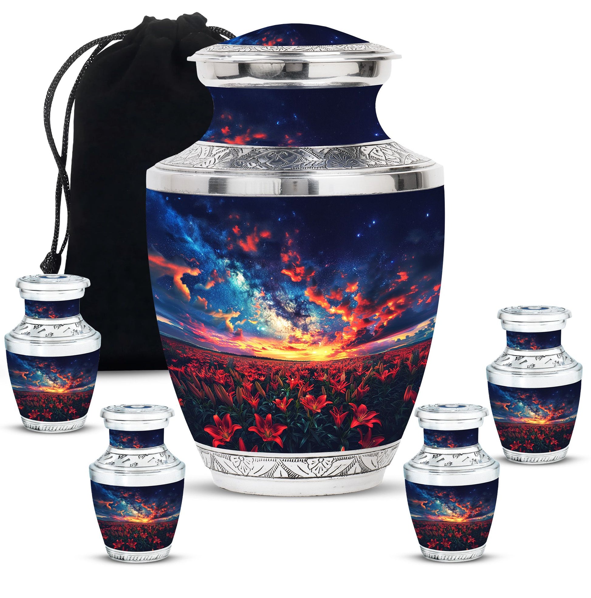 Lily Theme Large Urn With 4 Keepsake Urn
