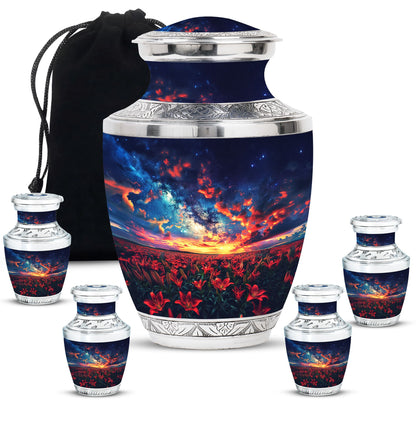 Lily Theme Large Urn With 4 Keepsake Urn