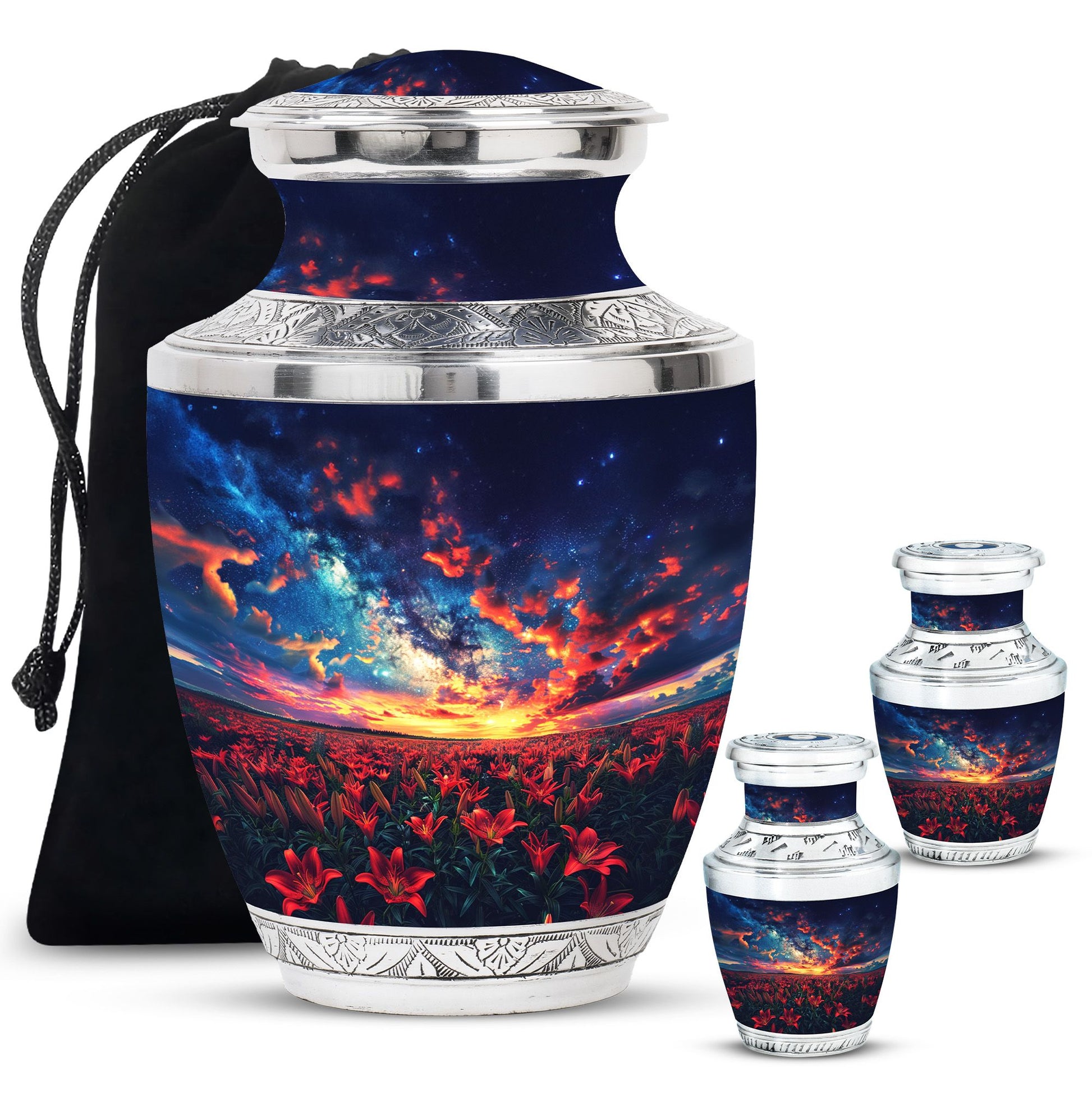 Lily Theme Large Urn With 2 Keepsake Urn