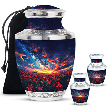 Lily Theme Large Urn With 2 Keepsake Urn