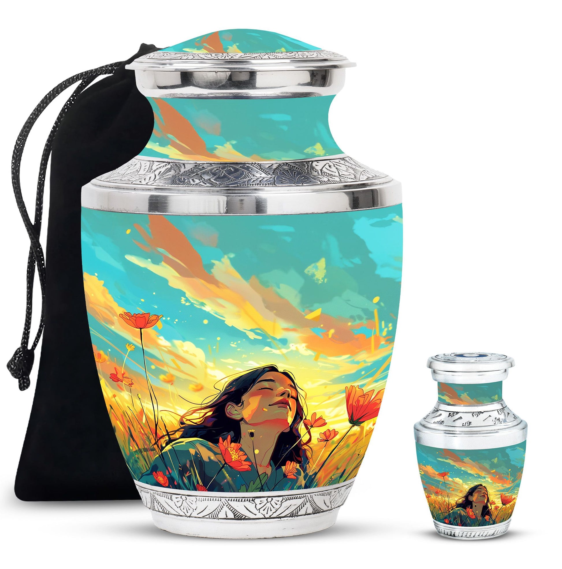 Flower Theme Large Urn With 1 Keepsake Urn