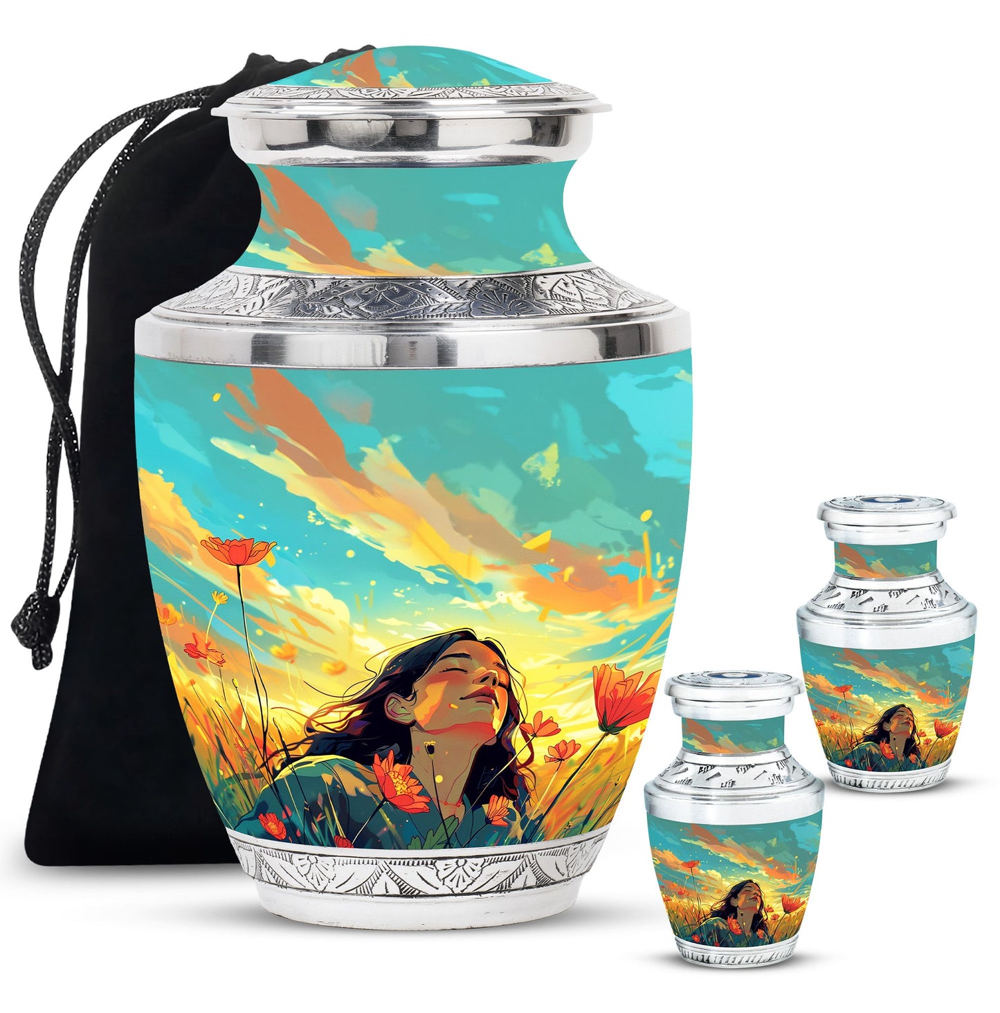 Flower Theme Large Urn With 2 Keepsake Urn