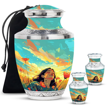 Flower Theme Large Urn With 2 Keepsake Urn