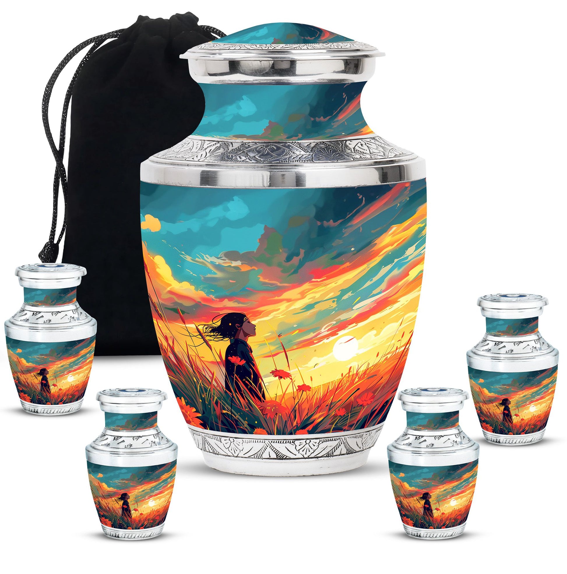 Flower Theme Large Urn With 4 Keepsake Urn