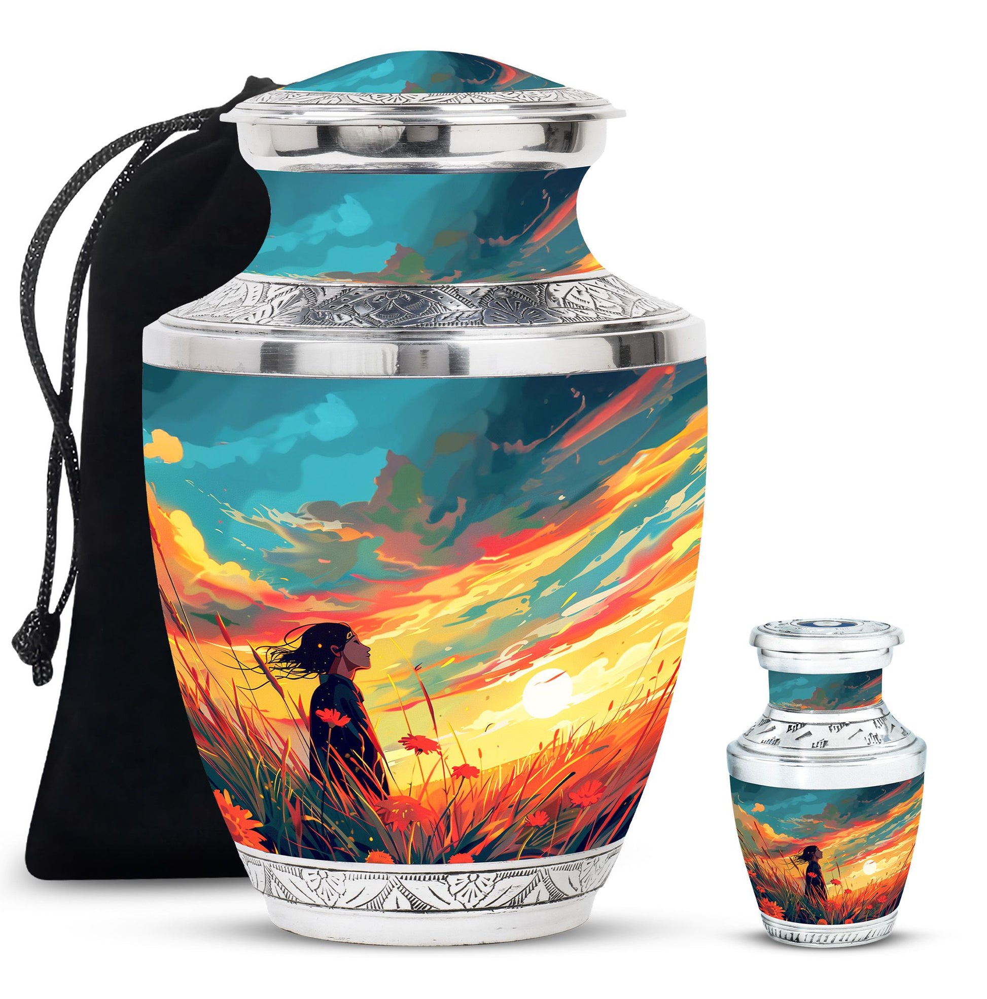 Flower Theme Large Urn With 1 Keepsake Urn