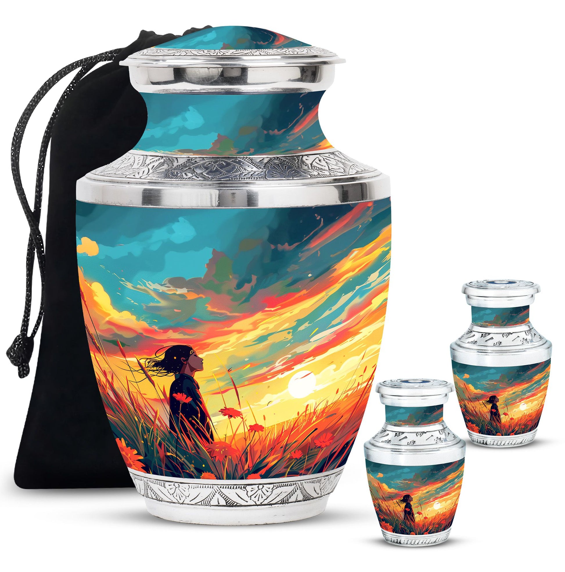 Flower Theme Large Urn With 2 Keepsake Urn