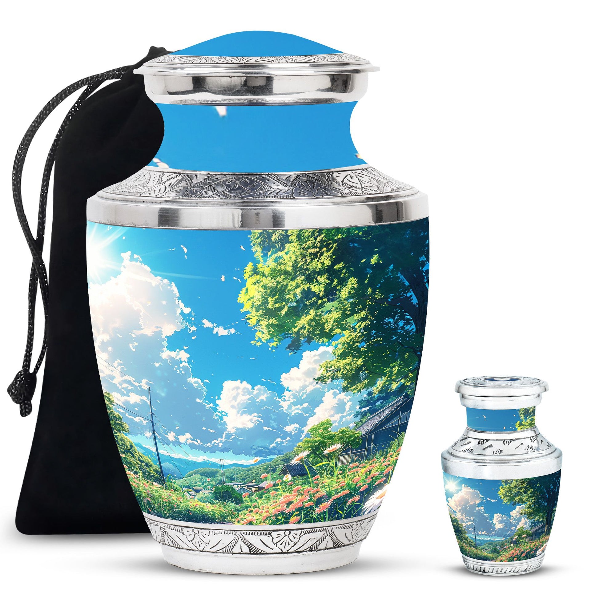 Flower Theme Large Urn With 1 Keepsake Urn