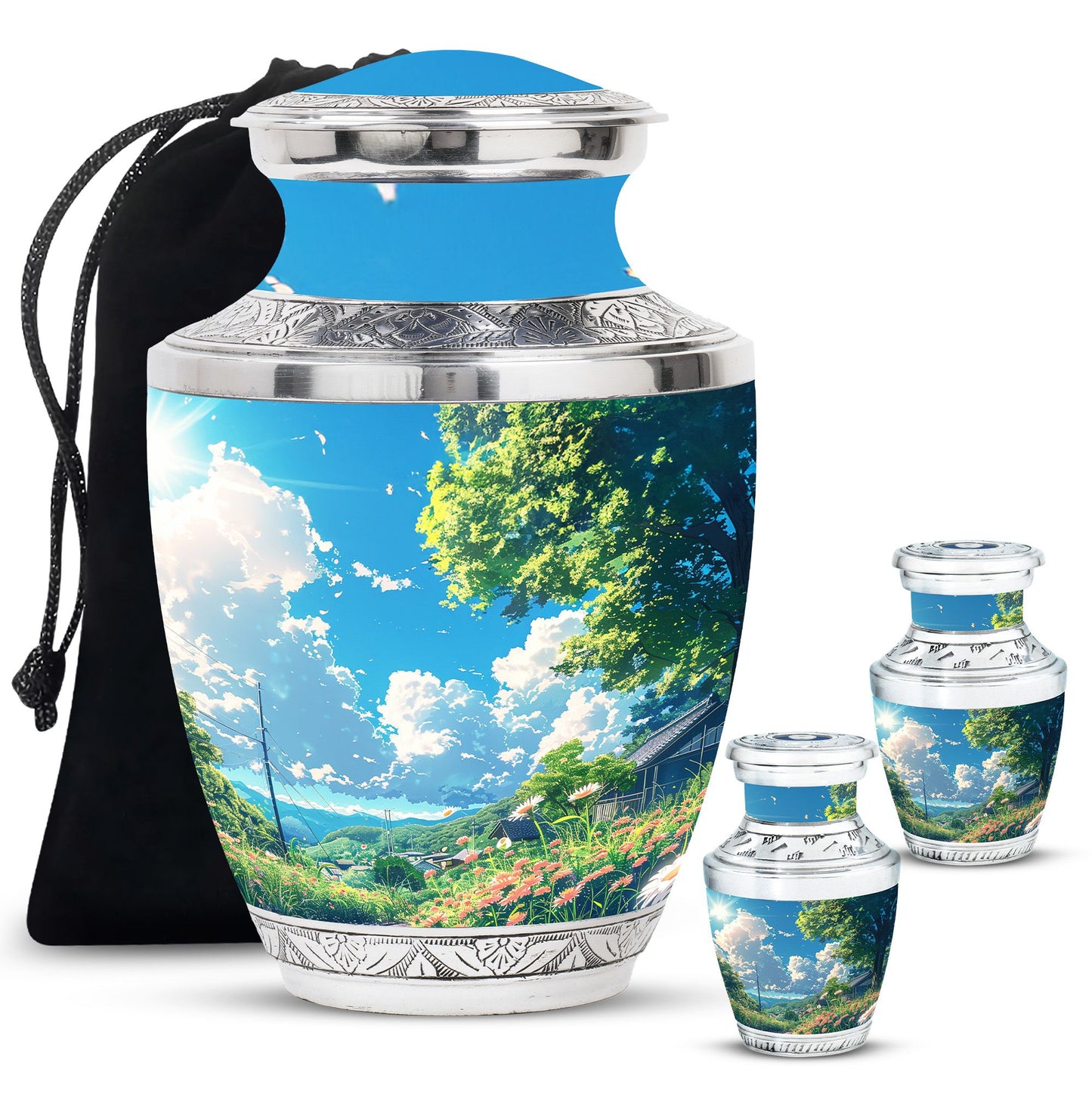 Flower Theme Large Urn With 2 Keepsake Urn
